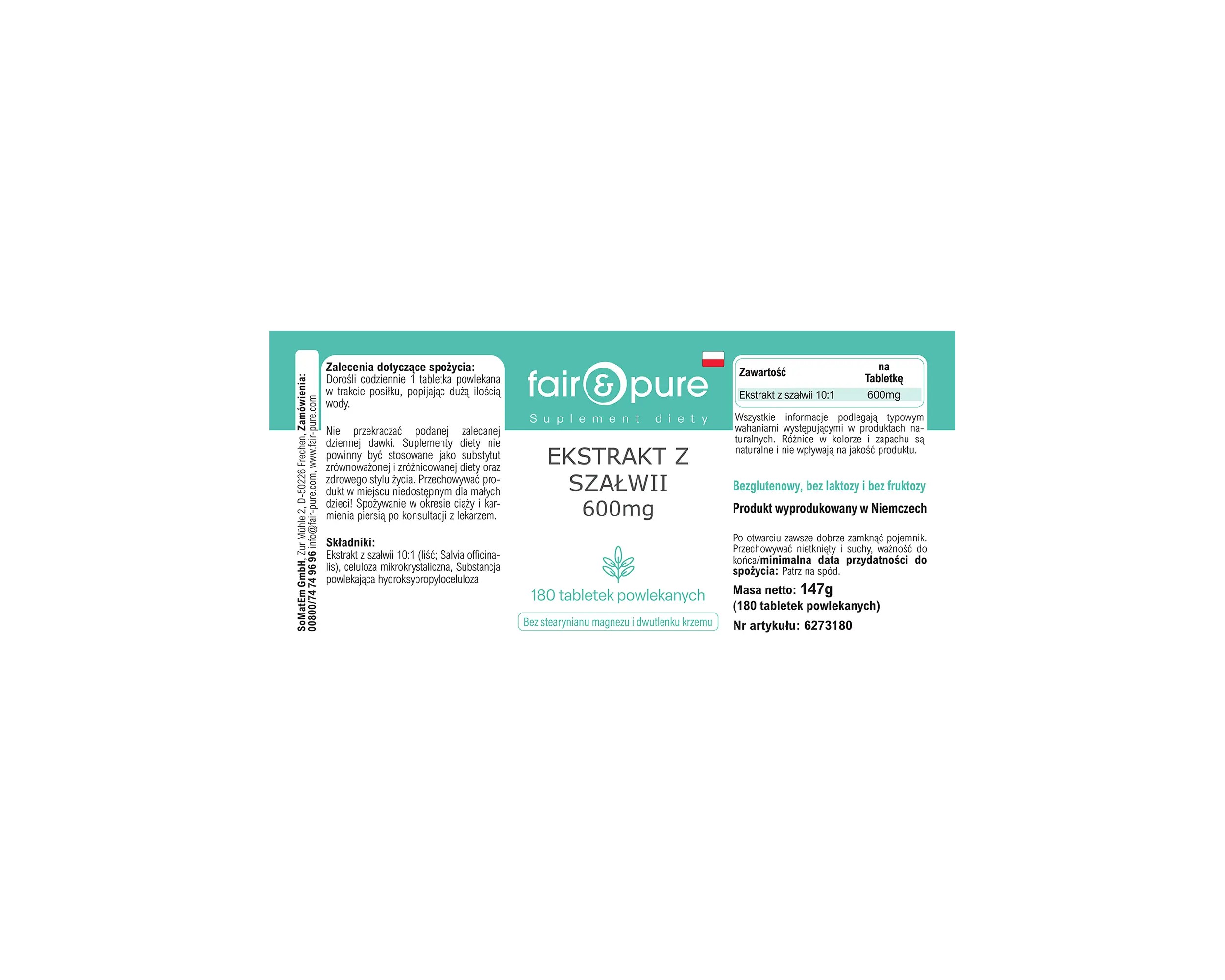Sage Extract 600mg - 180 Film-Coated Tablets | fair-pure