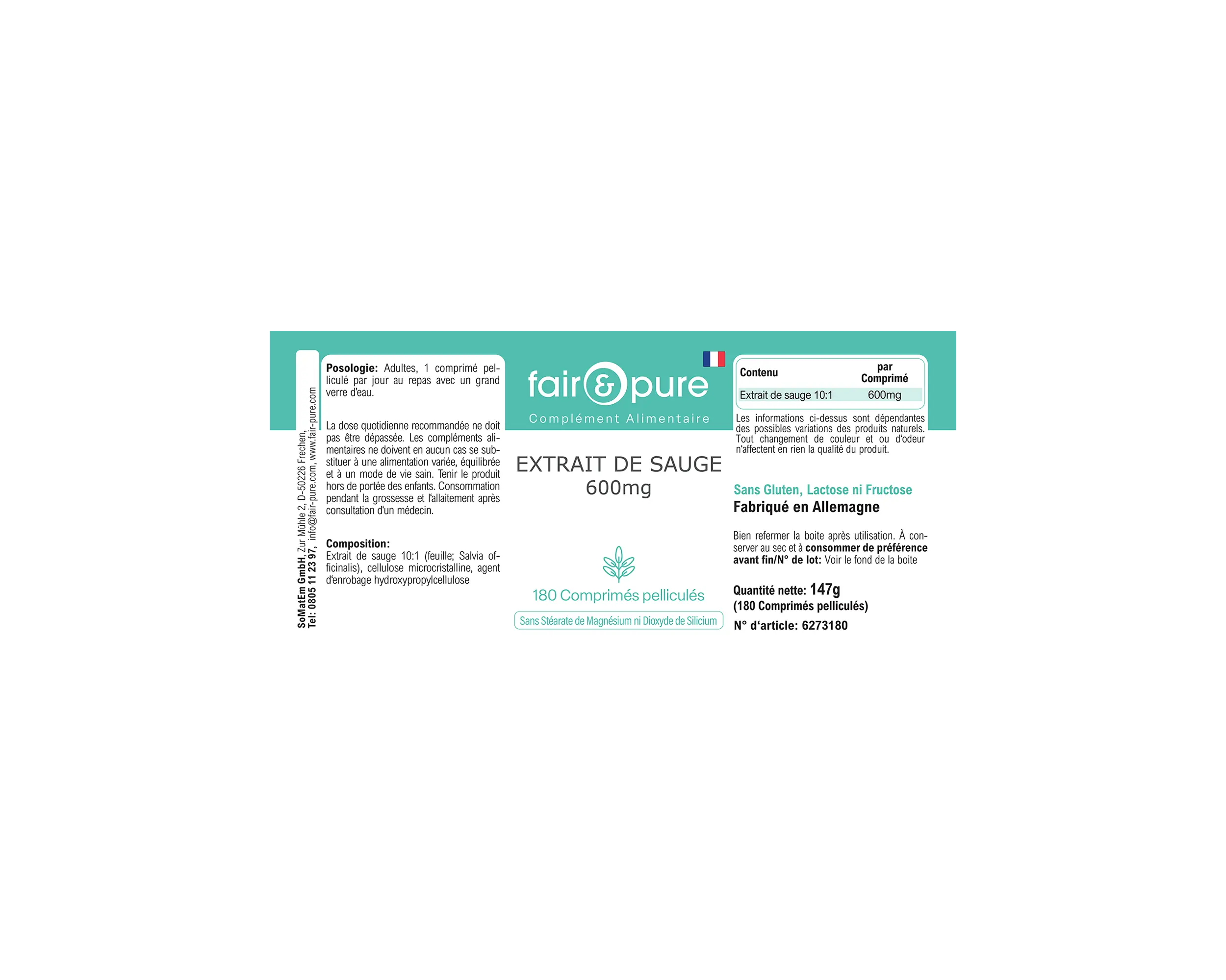 Sage Extract 600mg - 180 Film-Coated Tablets | fair-pure