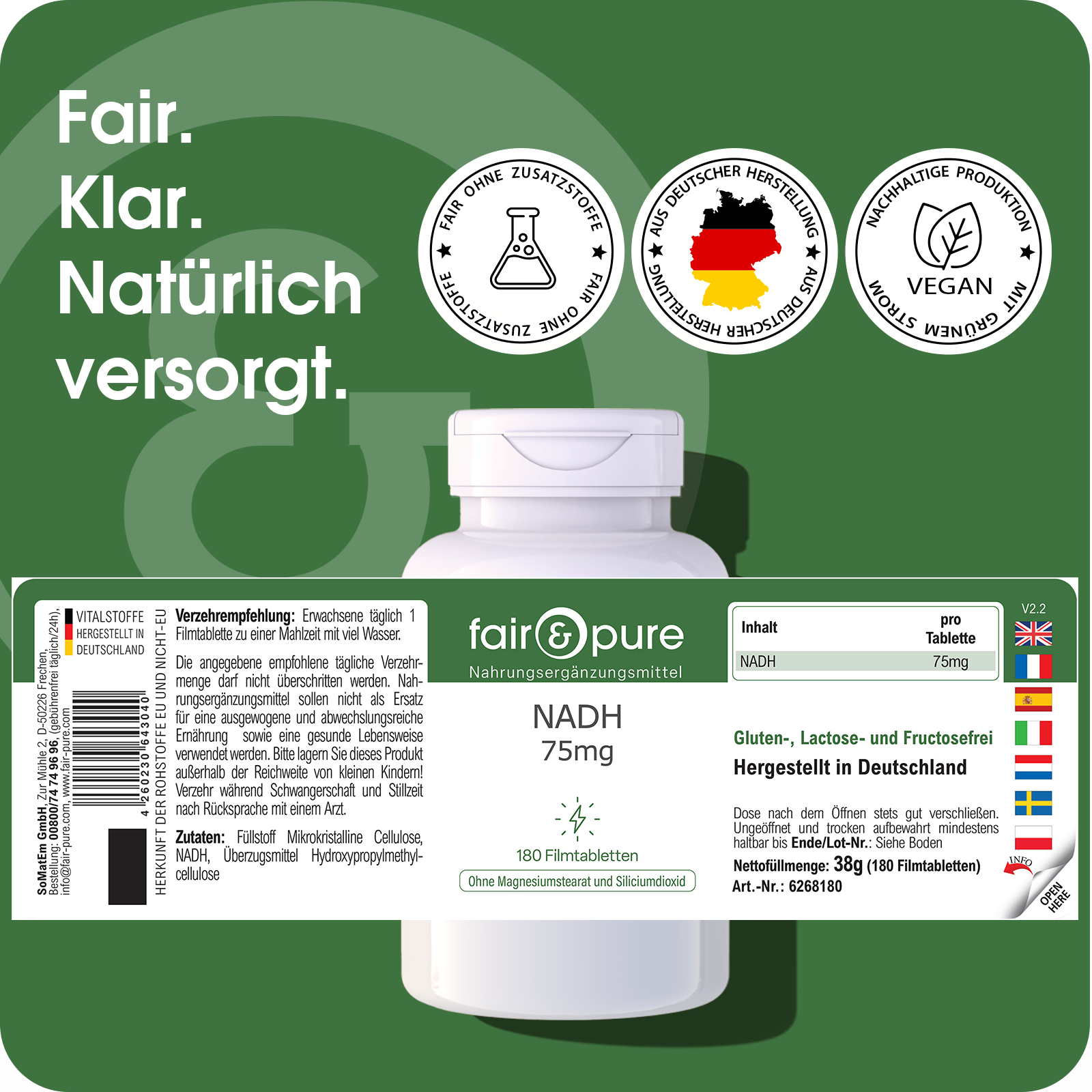 NADH 75mg - 180 Film-Coated Tablets | fair-pure