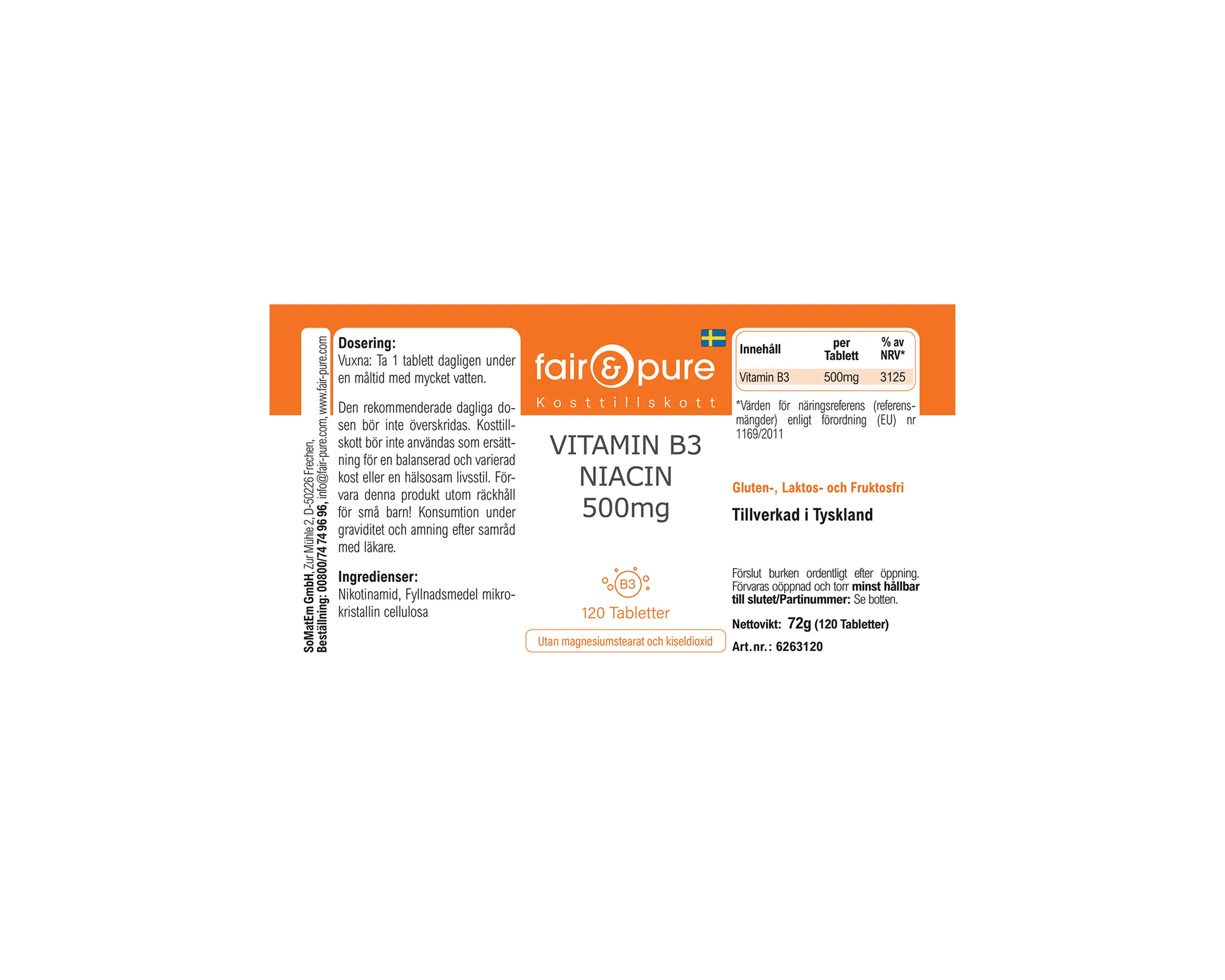 Vitamine B3 Niacine 500mg - 120 Comprimés | fair-pure