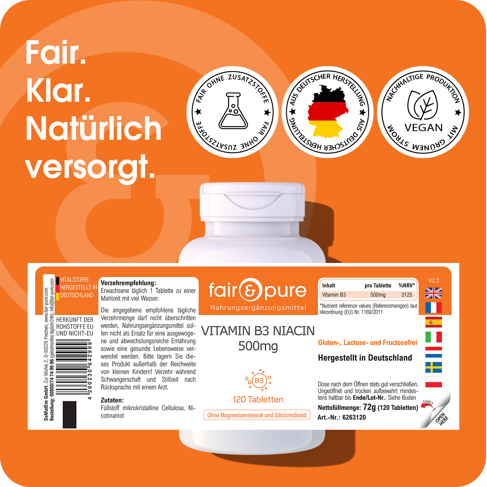 Vitamine B3 Niacine 500mg - 120 Comprimés | fair-pure