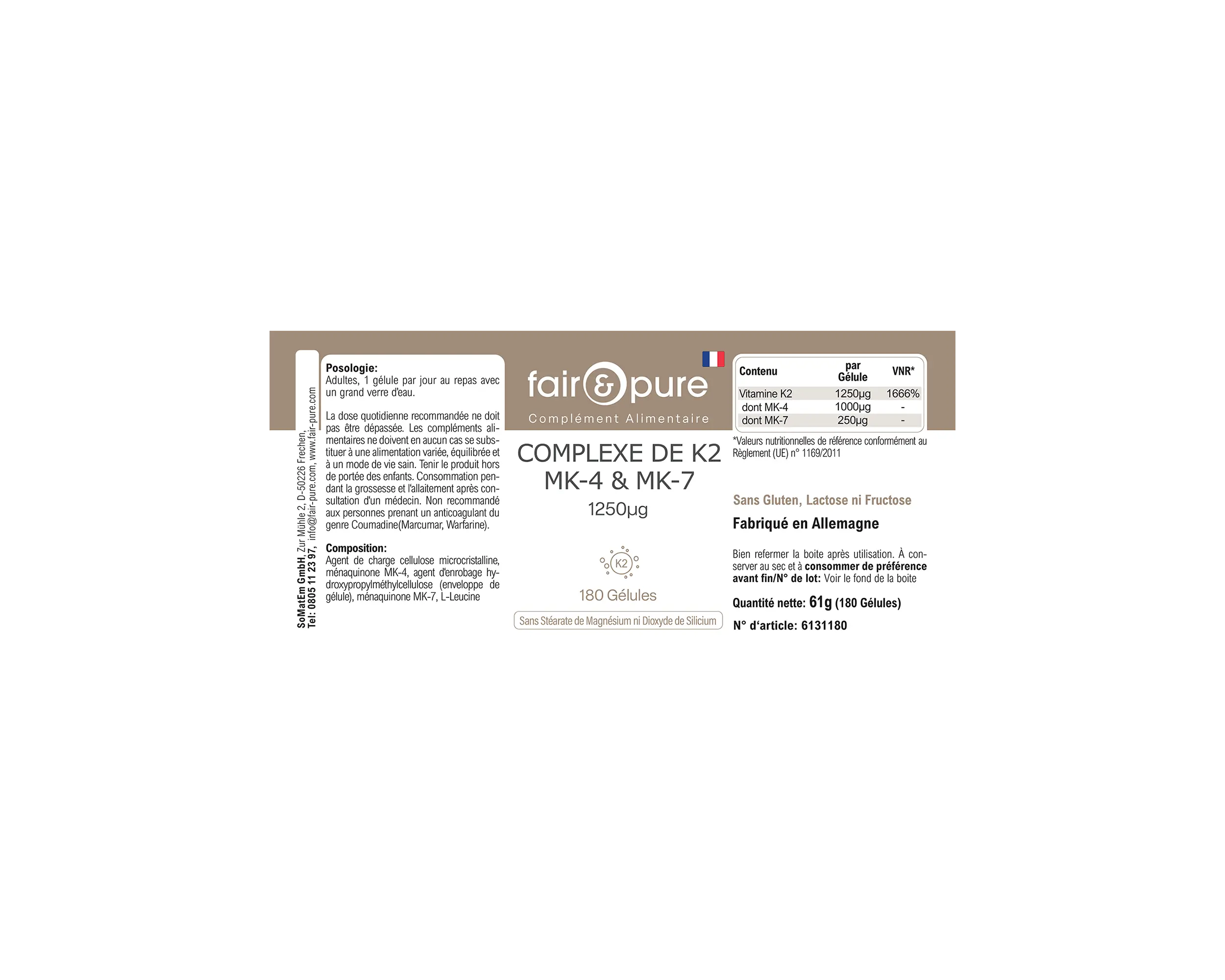 Complexe de Vitamine K2 1250µg - facile à avaler | fair-pure