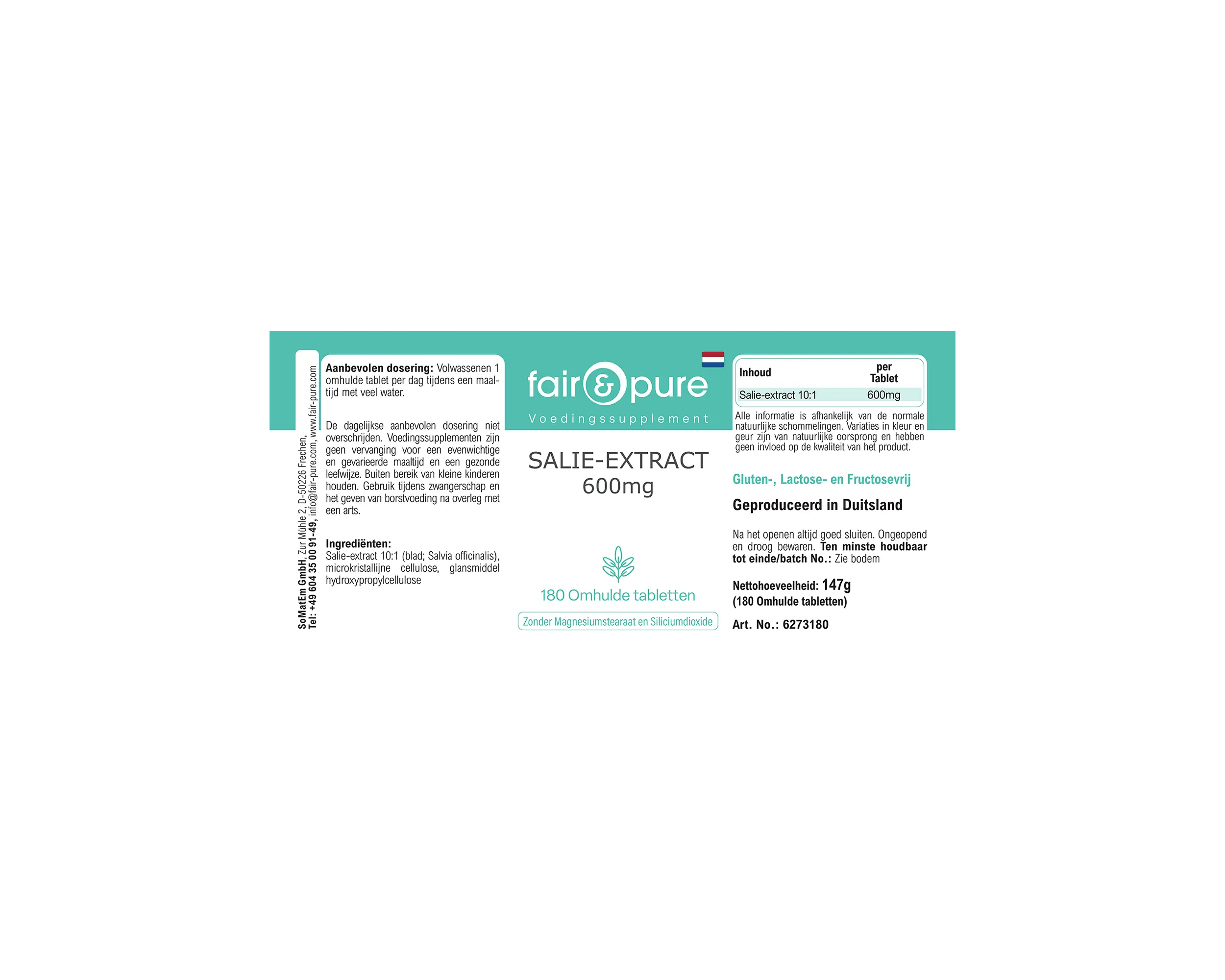 Sage Extract 600mg - 180 Film-Coated Tablets | fair-pure