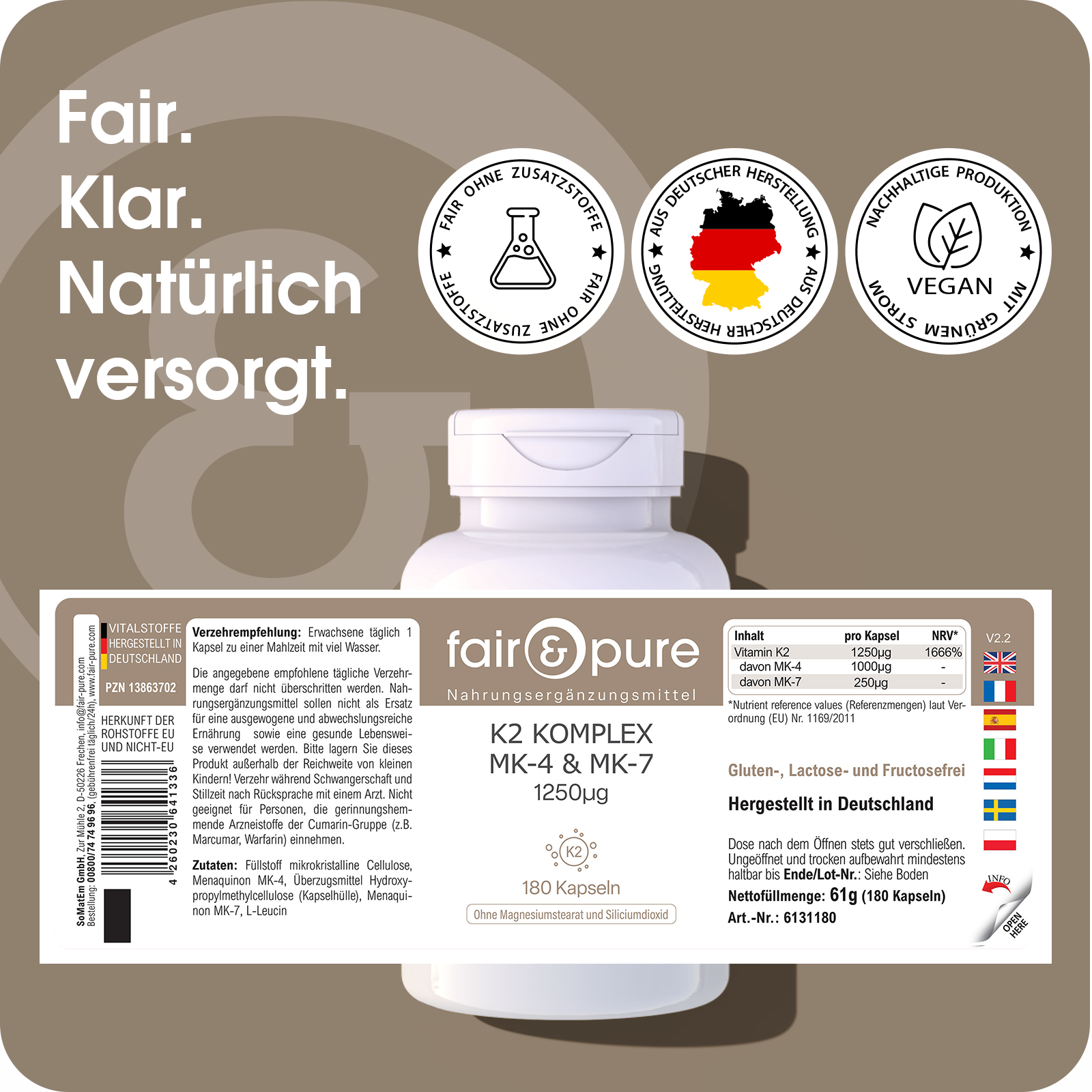 Complexe de Vitamine K2 1250µg - facile à avaler | fair-pure