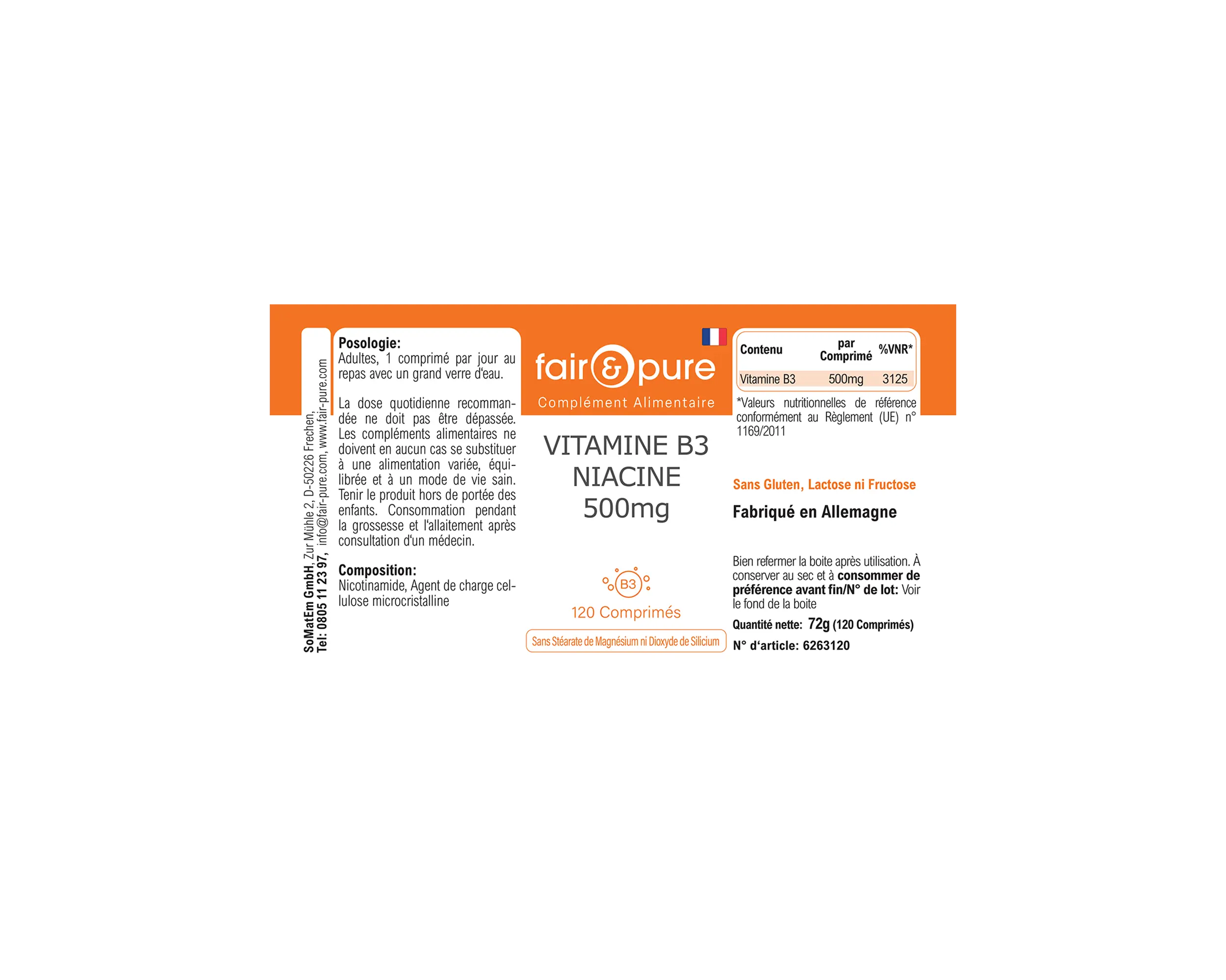 Vitamine B3 Niacine 500mg - 120 Comprimés | fair-pure