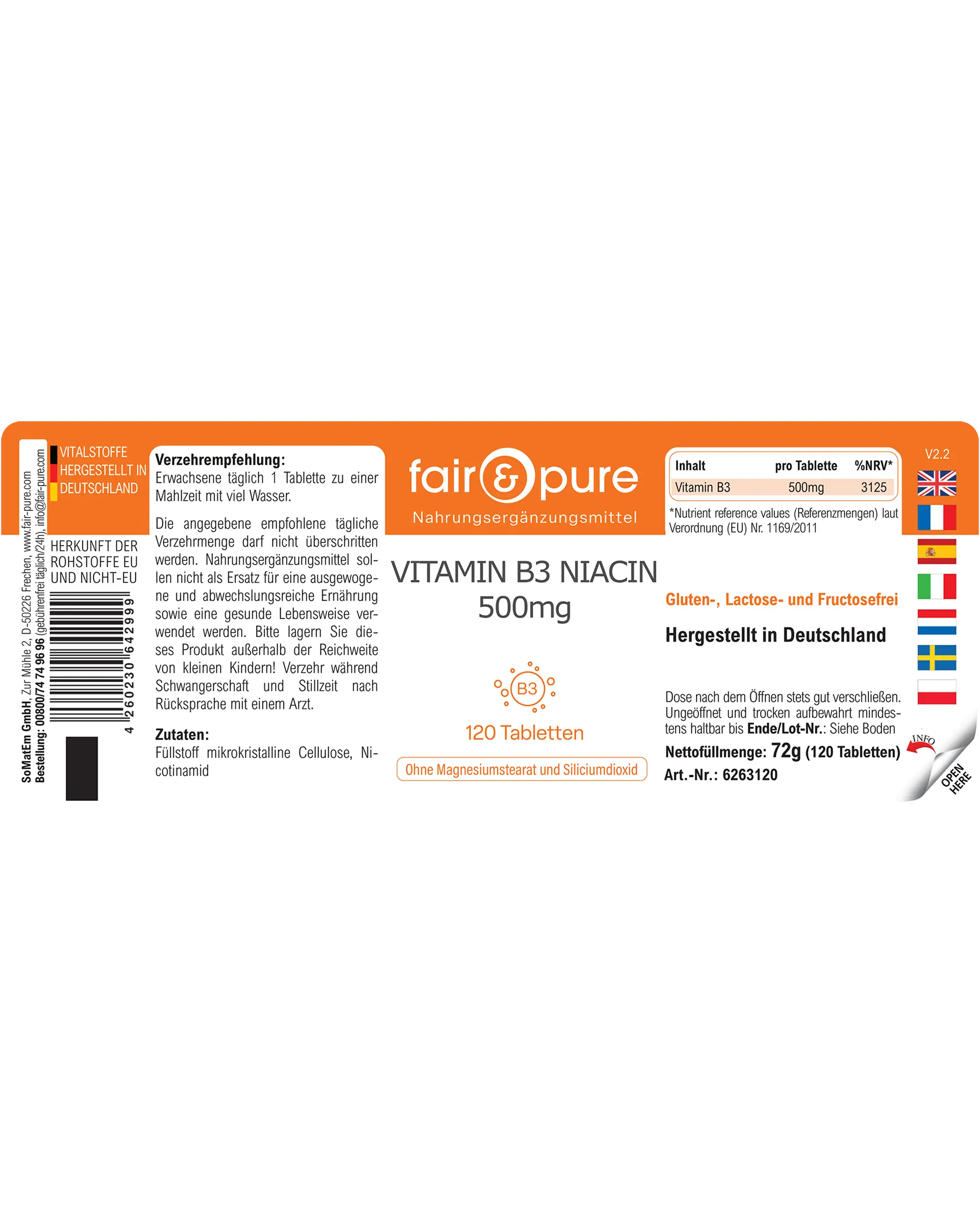 Vitamine B3 Niacine 500mg - 120 Comprimés | fair-pure