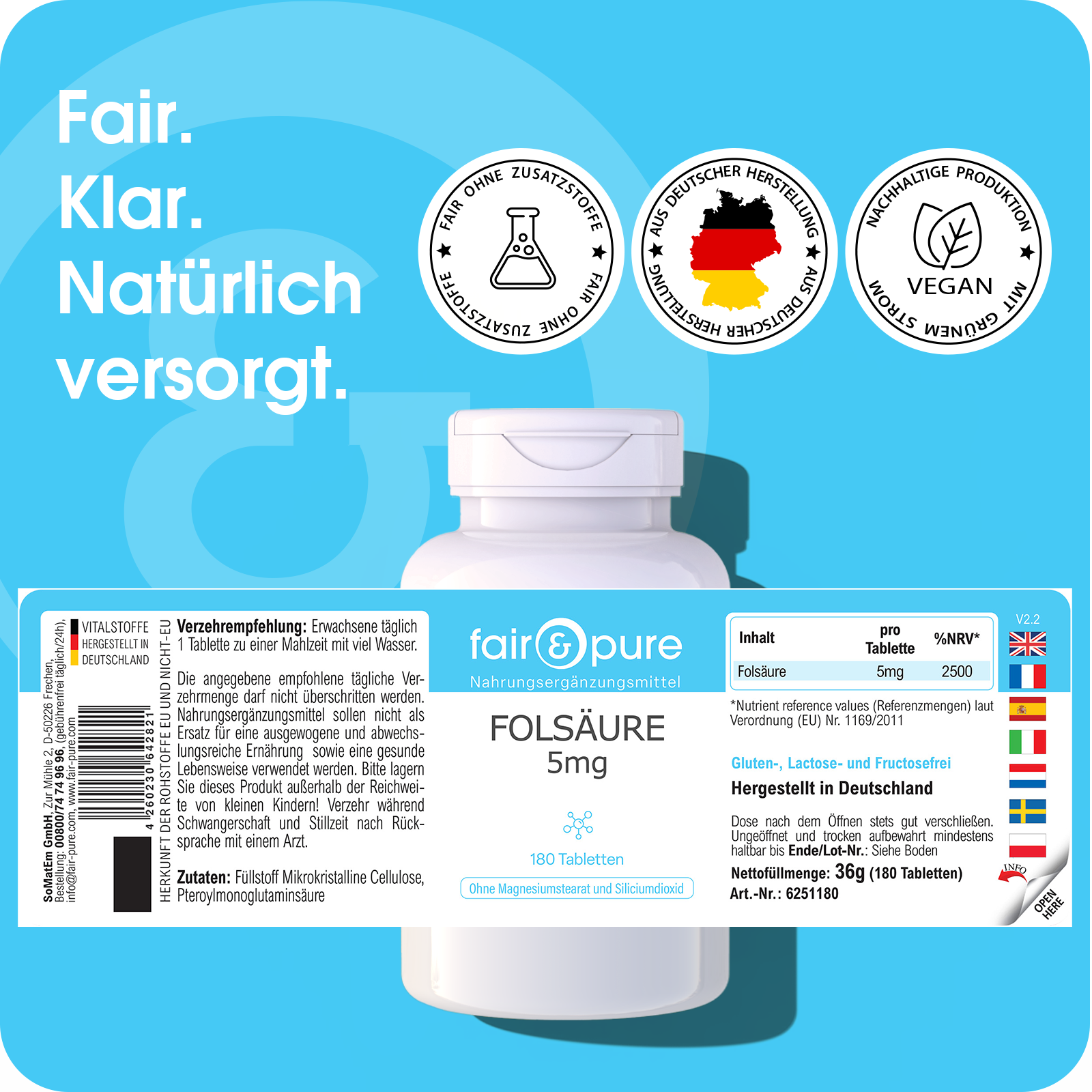 Folic Acid 5mg - 180 Tablets | fair-pure