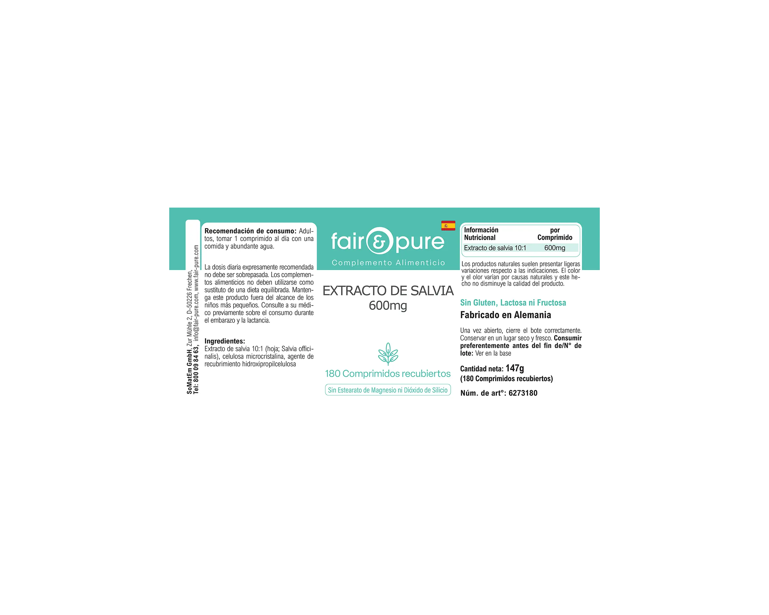 Sage Extract 600mg - 180 Film-Coated Tablets | fair-pure