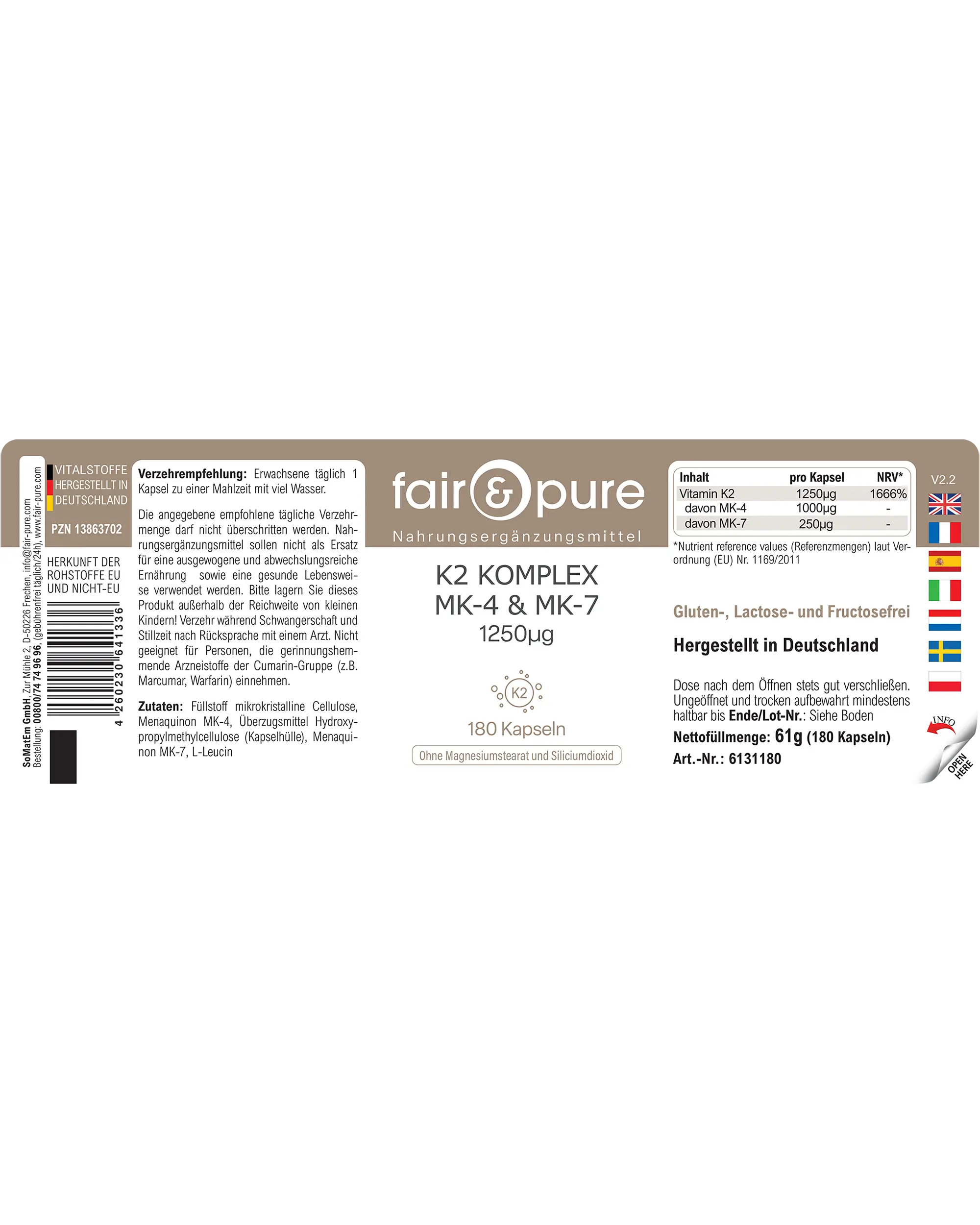 Complexe de Vitamine K2 1250µg - facile à avaler | fair-pure