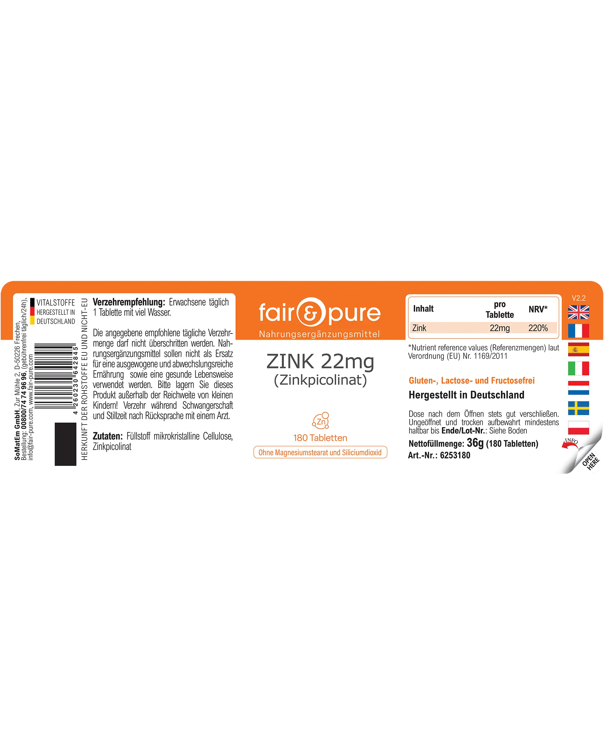 ZINC 22mg (Zinc Picolinate) - 180 Tablets | fair-pure