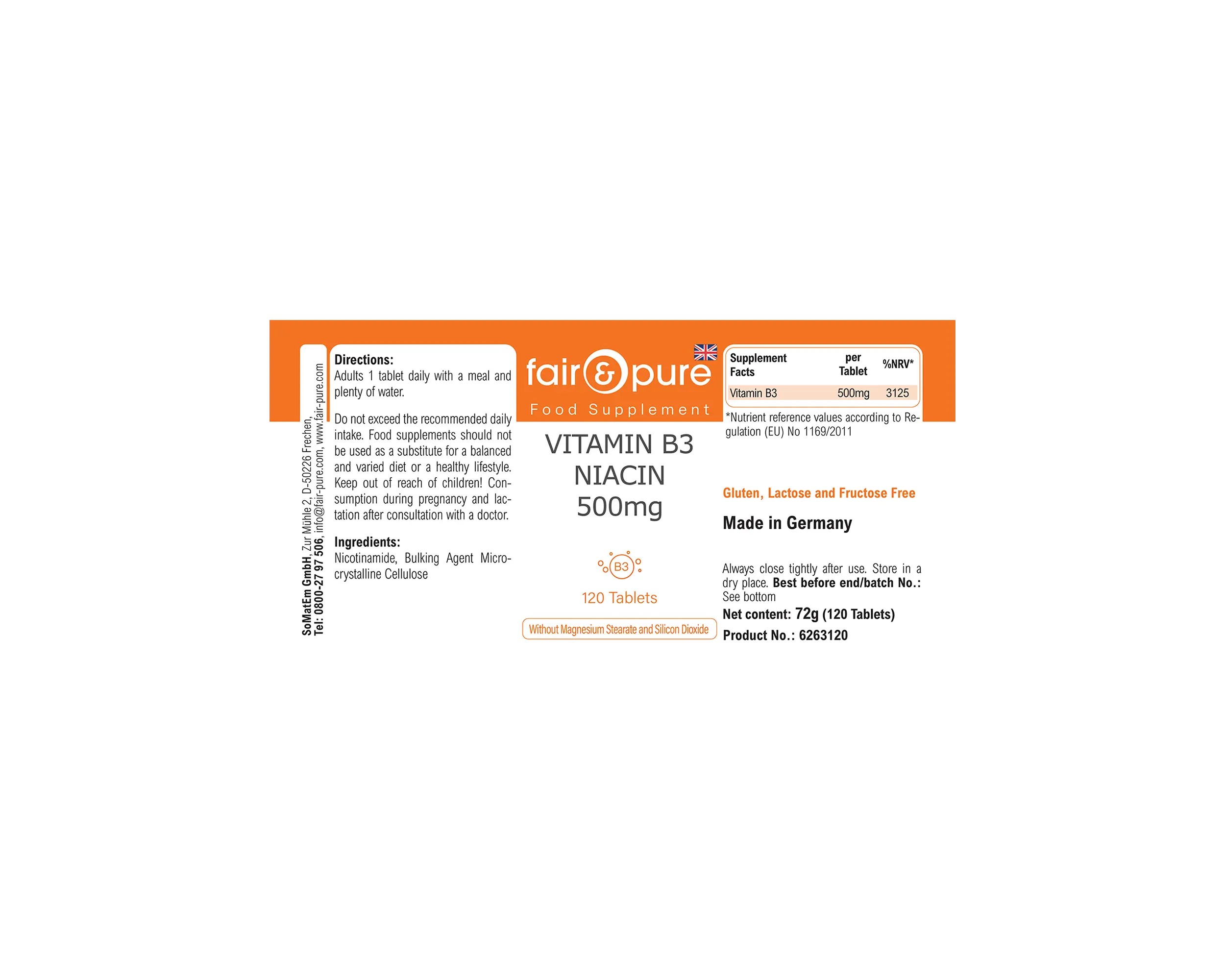 Vitamine B3 Niacine 500mg - 120 Comprimés | fair-pure