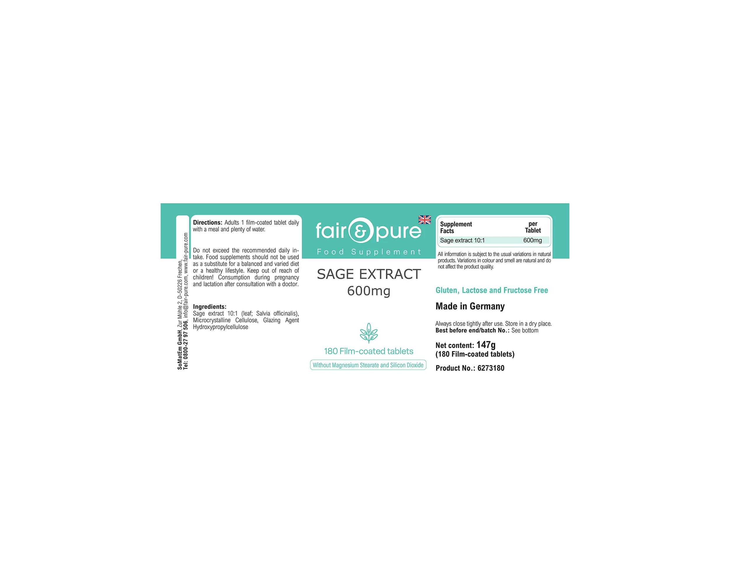 Sage Extract 600mg - 180 Film-Coated Tablets | fair-pure