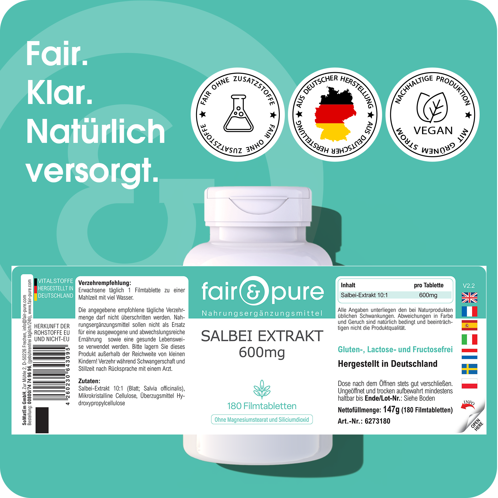 Sage Extract 600mg - 180 Film-Coated Tablets | fair-pure
