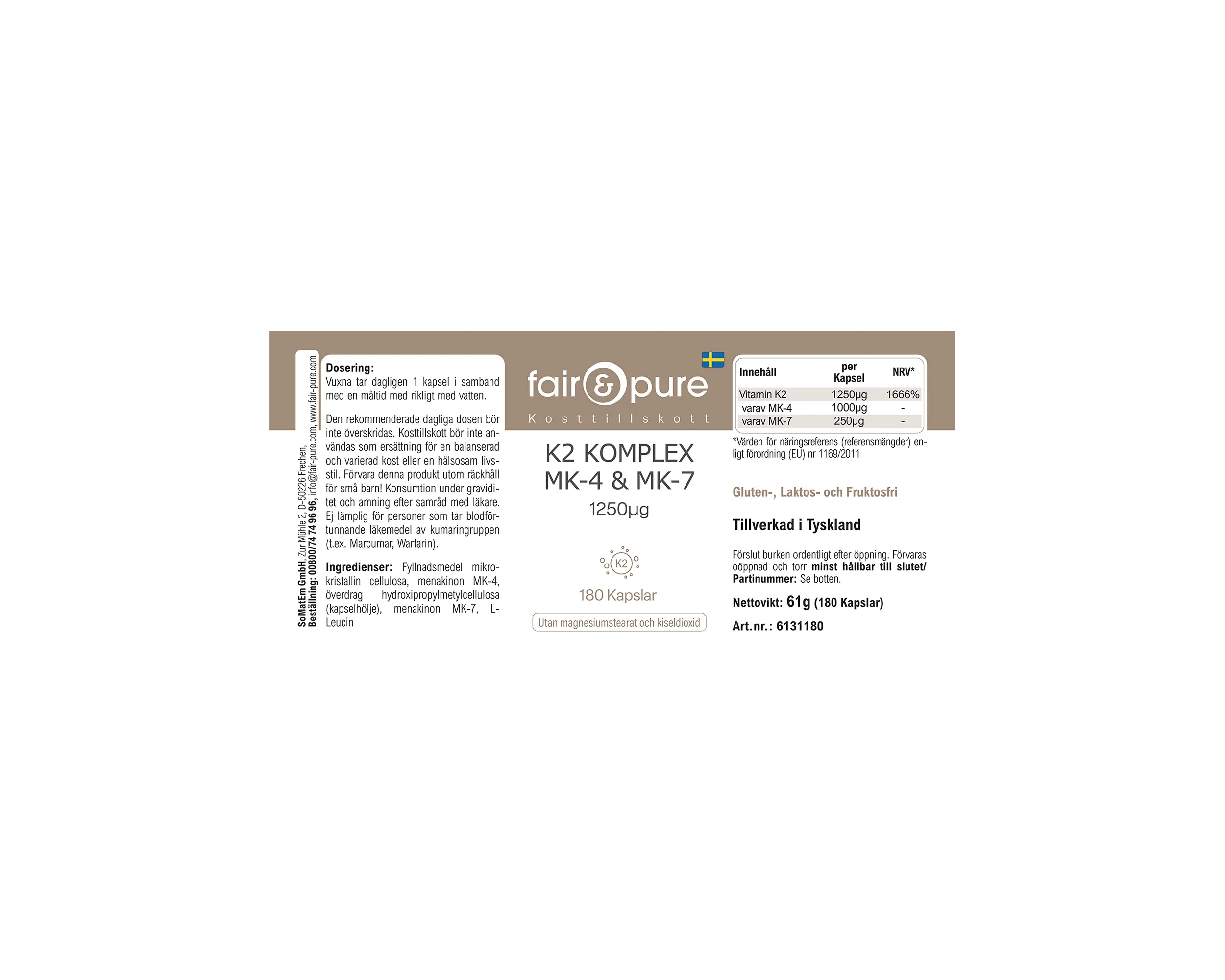 Complexe de Vitamine K2 1250µg - facile à avaler | fair-pure