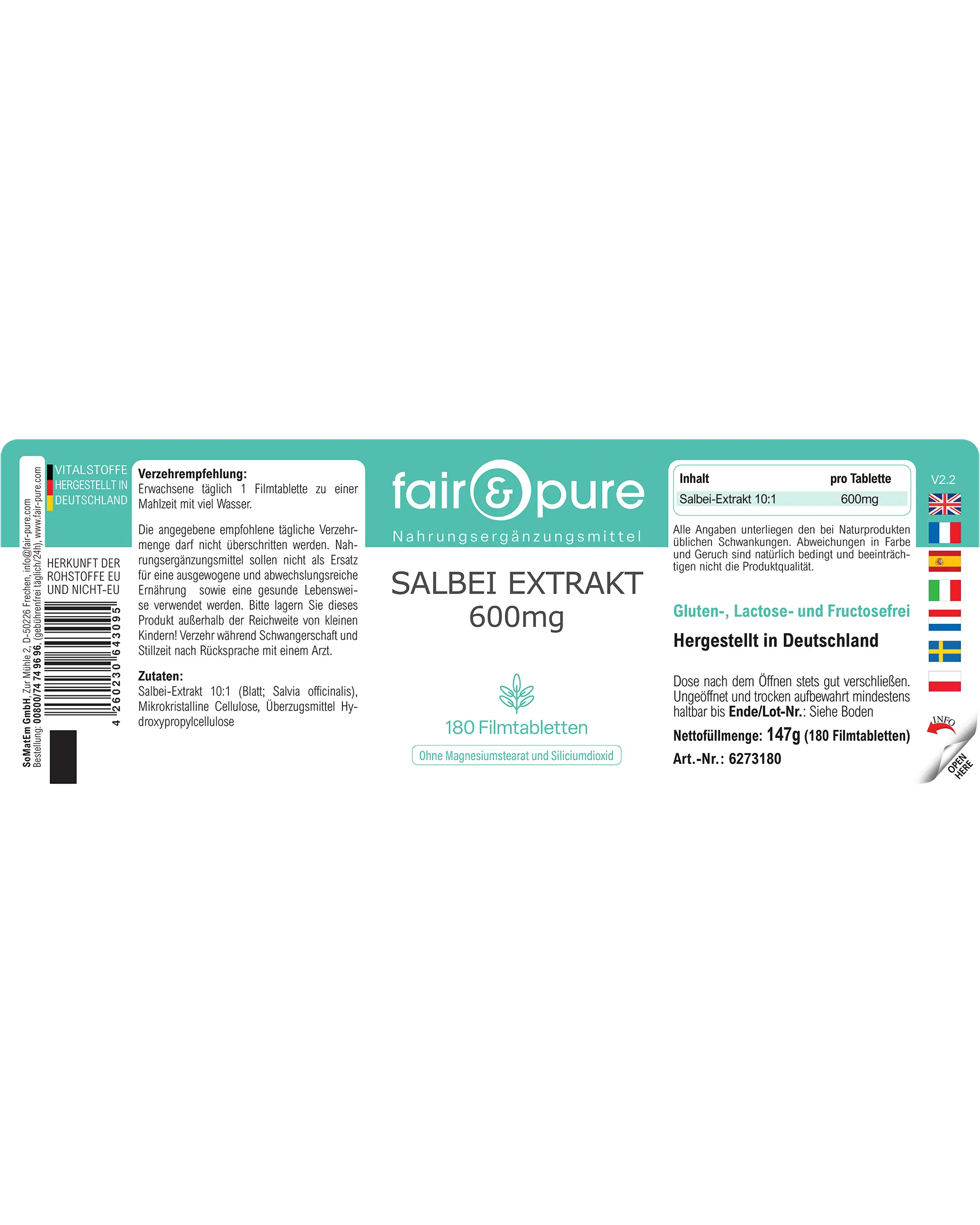Sage Extract 600mg - 180 Film-Coated Tablets | fair-pure