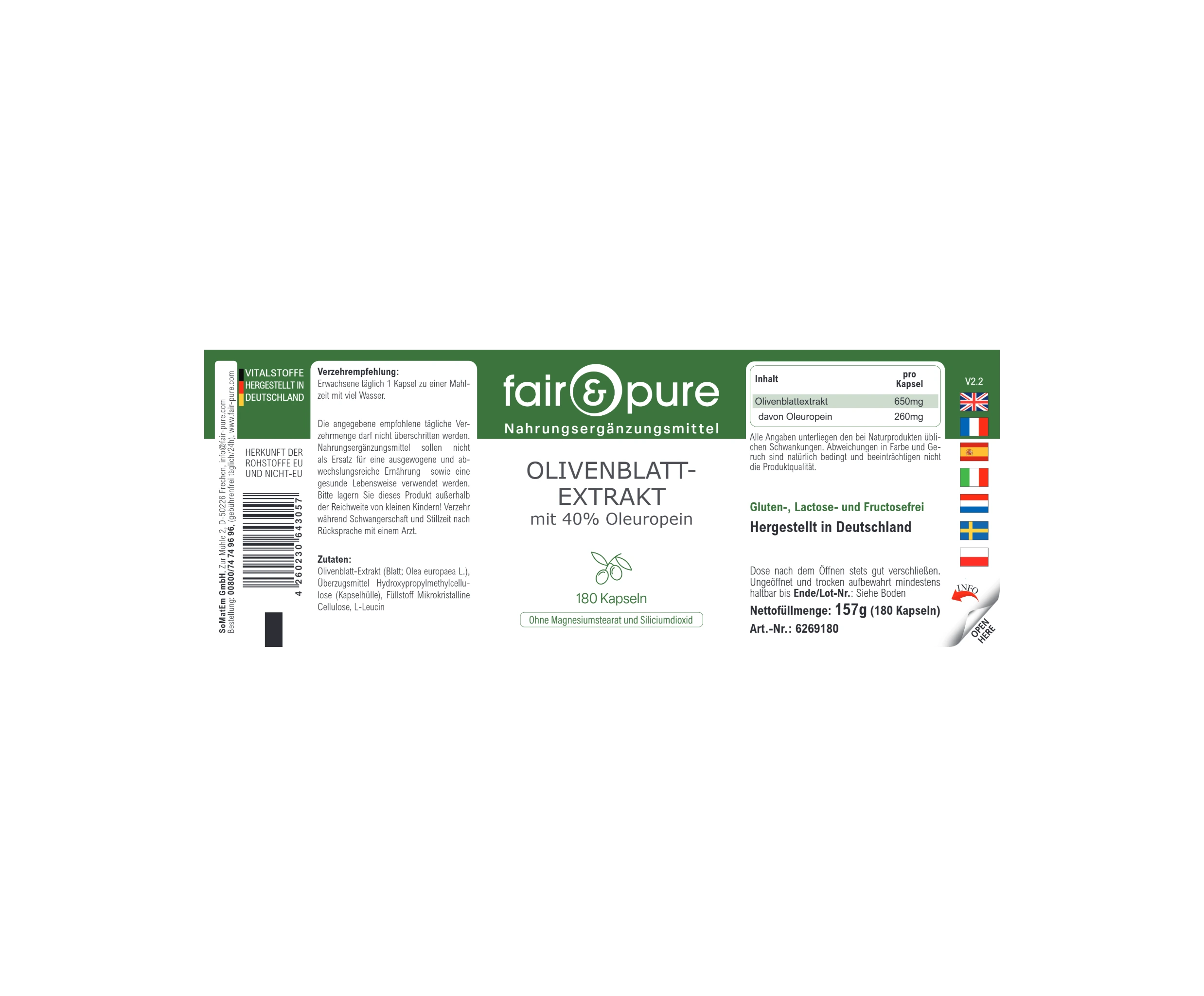 Estratto di foglia d’olivo con 40% di oleuropeina - 180 capsule | fair-pure