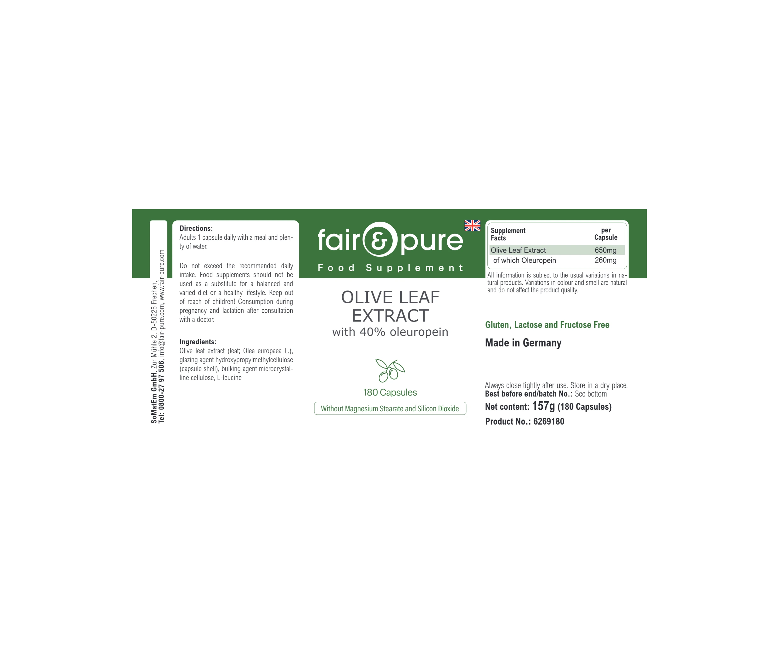 Estratto di foglia d’olivo con 40% di oleuropeina - 180 capsule | fair-pure