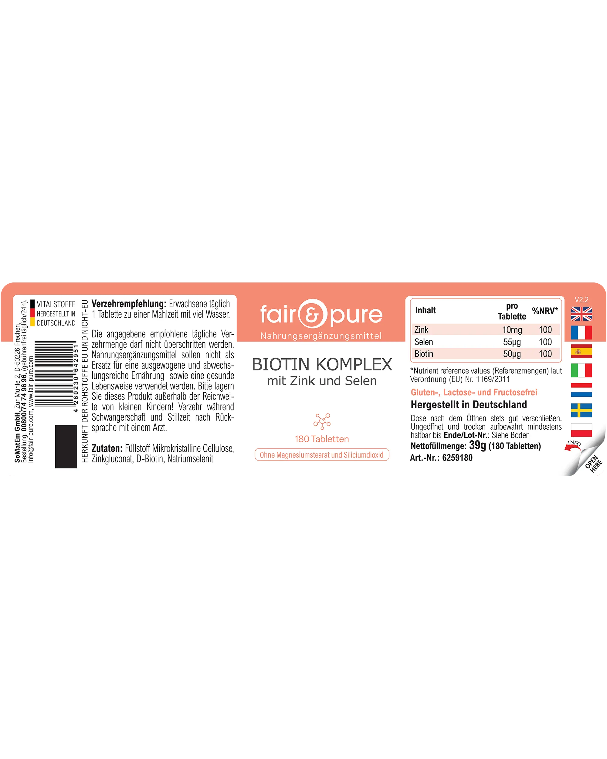 Biotin Komplex mit Zink und Selen - 180 Tabletten | fair-pure