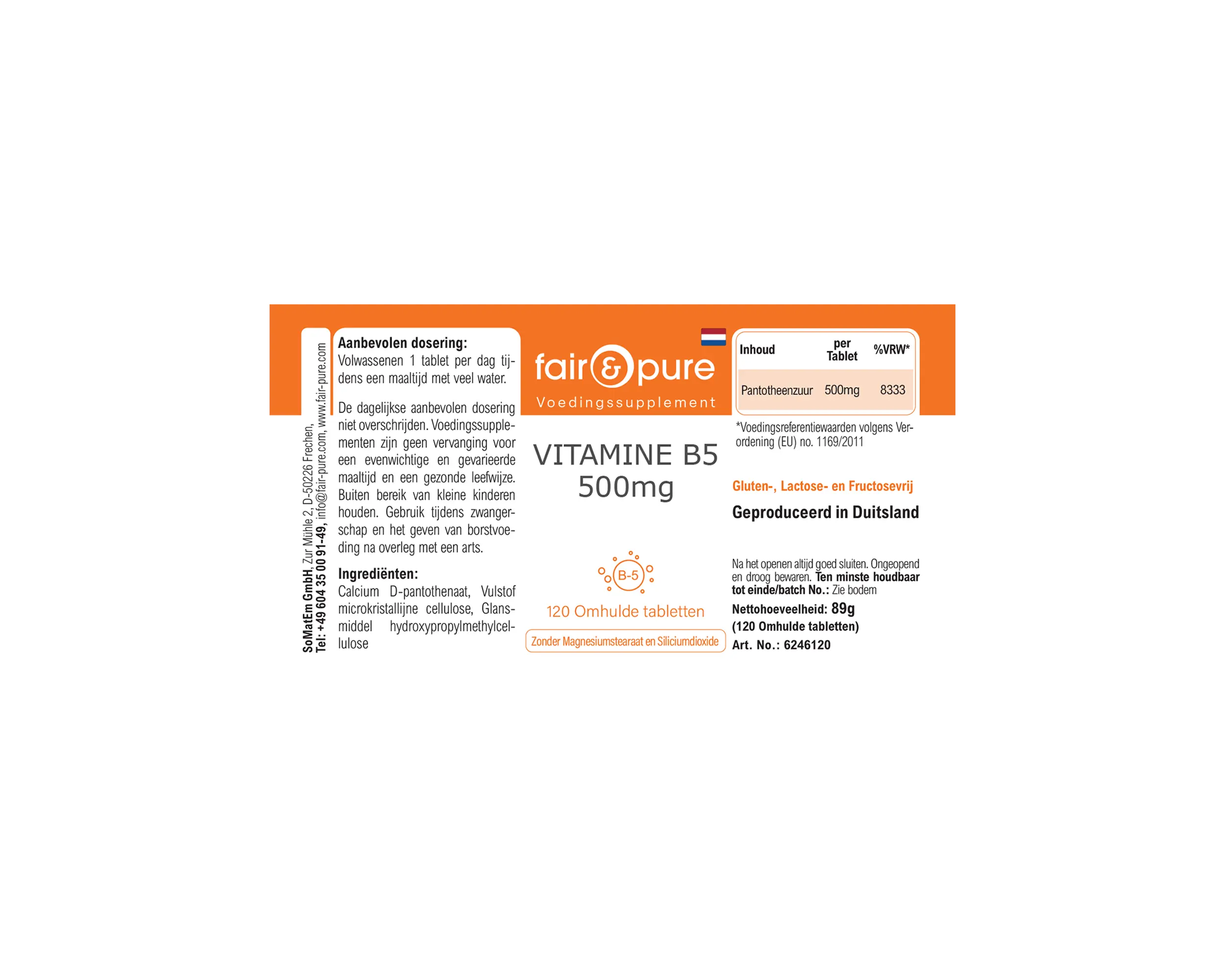 Vitamin B5 500mg - 120 Filmtabletten - schluckfreundlich | fair-pure