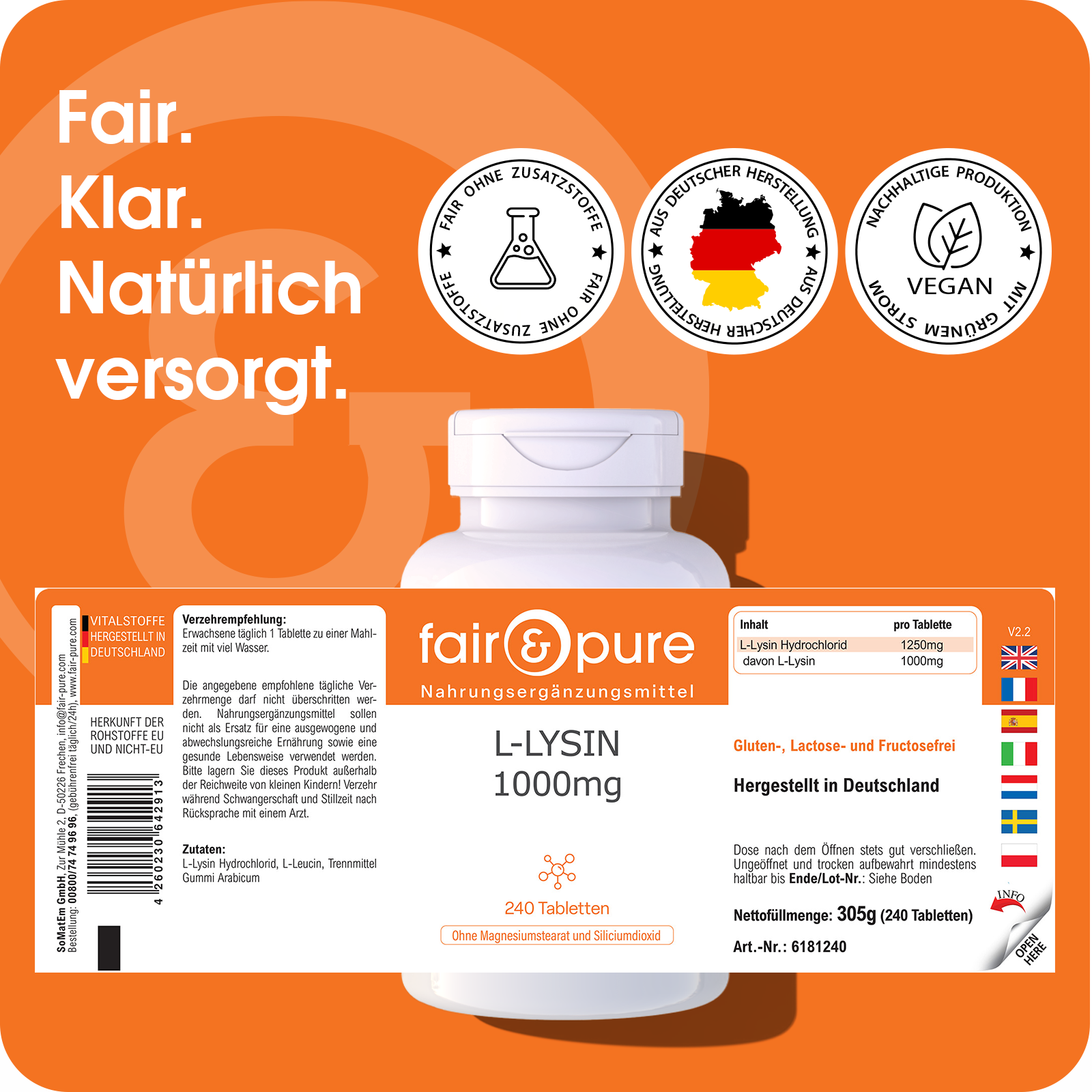 L-Lisina 1000mg - 240 compresse | fair-pure