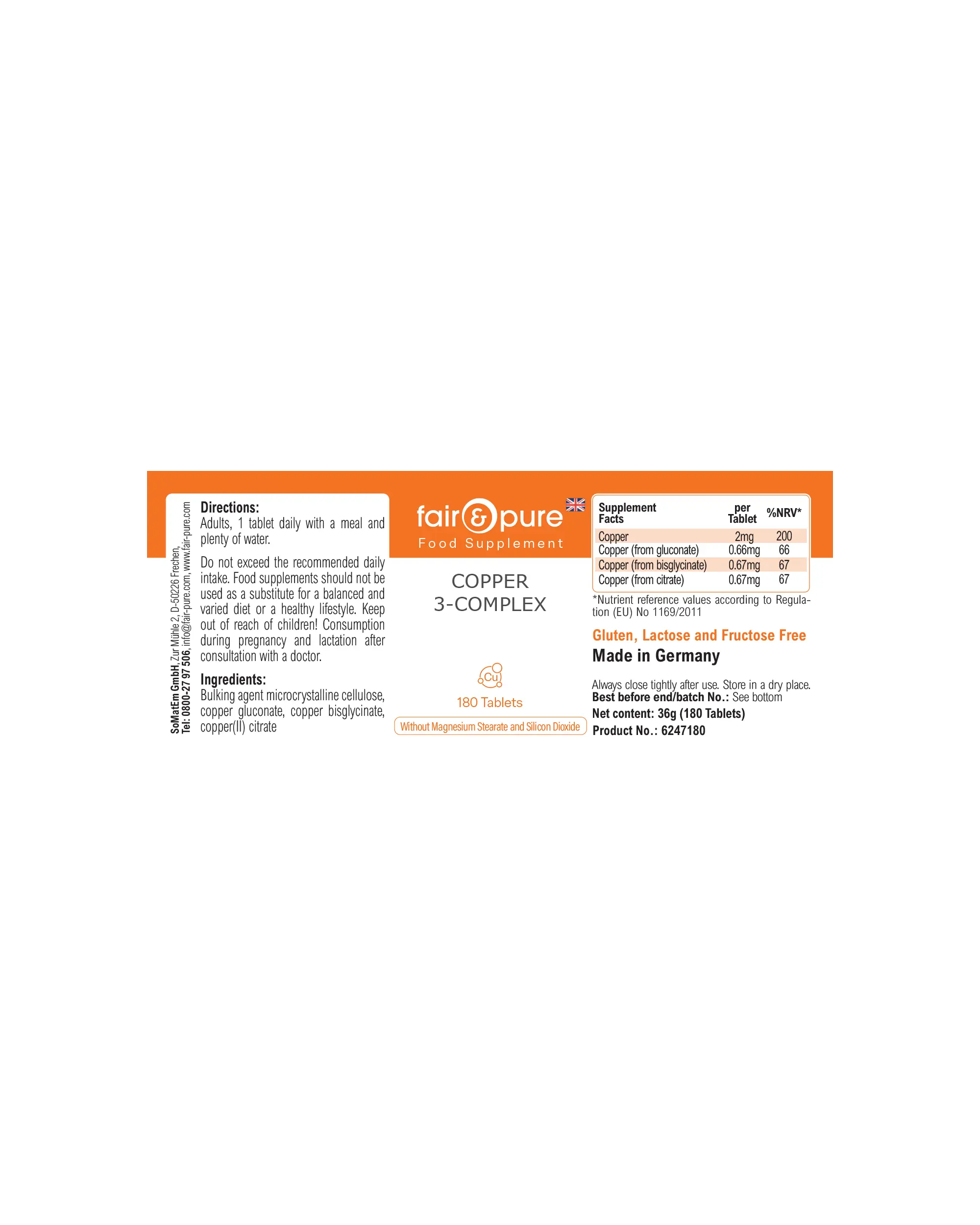 Cuivre Complexe 3 – 180 Comprimés – Plus de 100 % de l'apport quotidien | Fair & Pure