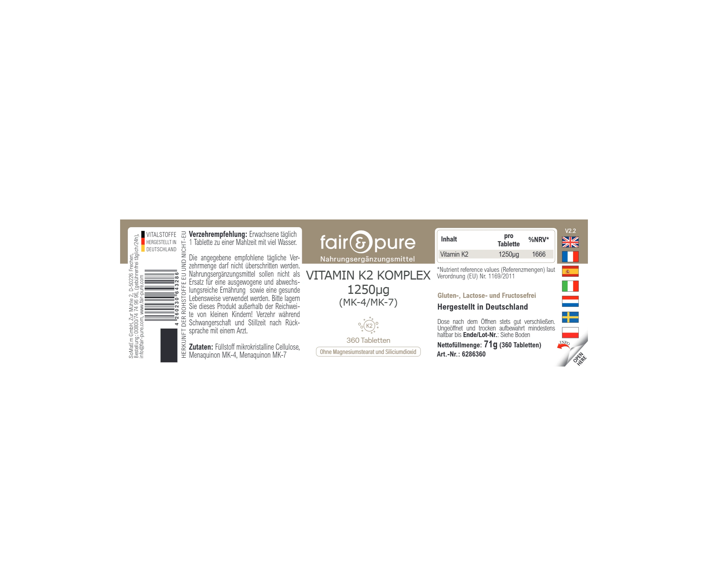 COMPLESSO DI VITAMINA K2 1.250µg (MK-4/MK-7) - 360 Compresse | fair-pure