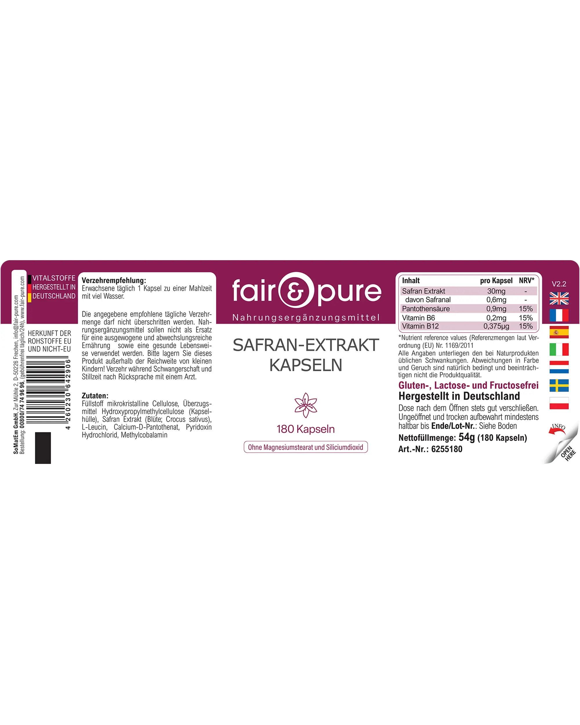 Capsule di estratto di zafferano - 180 capsule - con vitamine B5, B6 e B12 | fair-pure