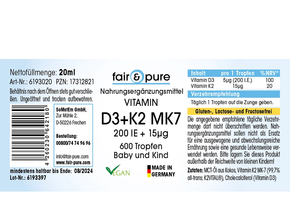 Vitamin D3 + K2 MK7 200 I.E. + 15μg 600 Tropfen | fair-pure