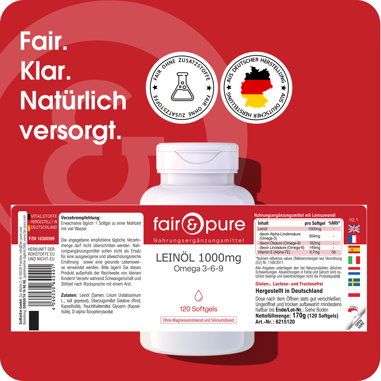 Leinöl 1000mg Omega 3-6-9 - 120 Softgels | fair-pure