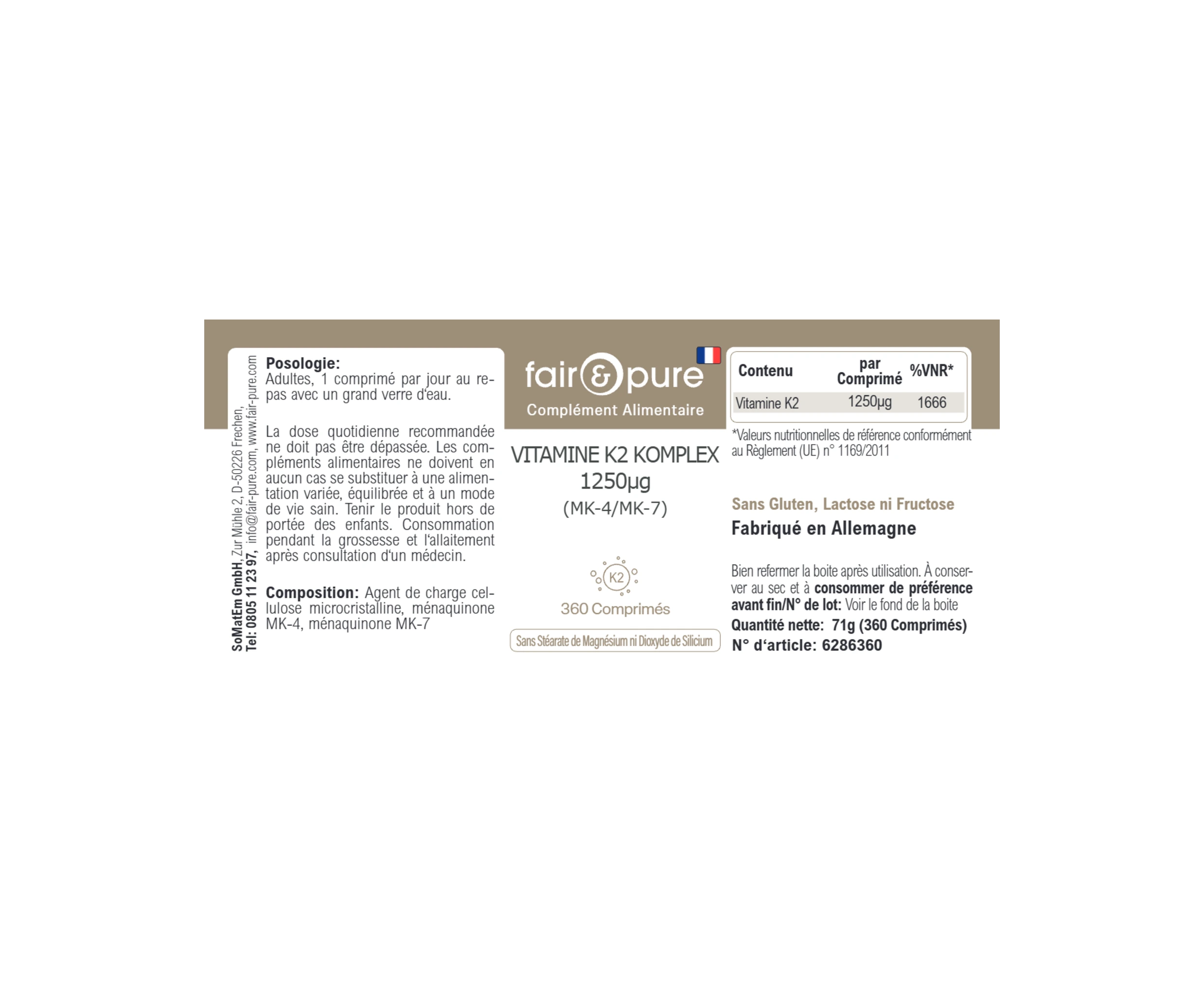 COMPLESSO DI VITAMINA K2 1.250µg (MK-4/MK-7) - 360 Compresse | fair-pure