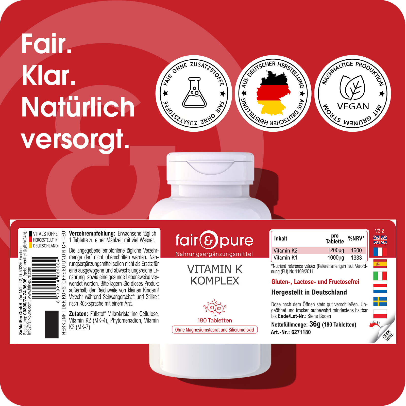 Complesso di Vitamina K - 180 Compresse | fair-pure