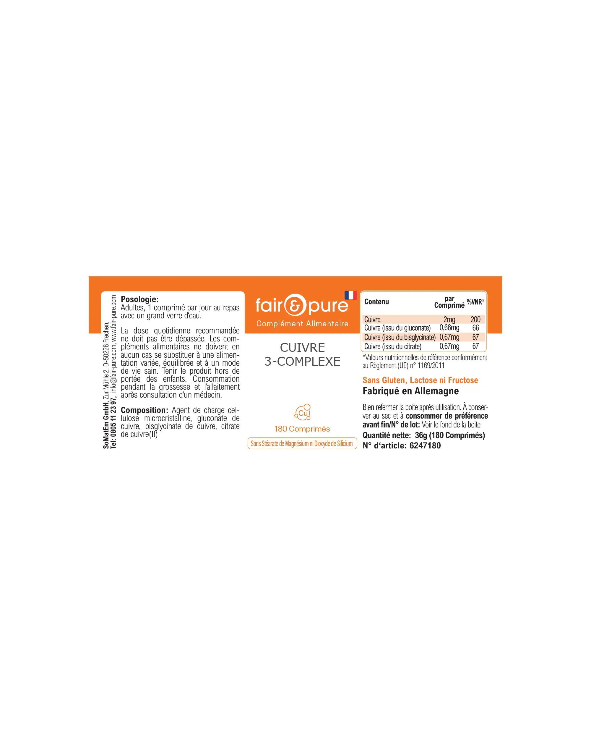 Cuivre Complexe 3 – 180 Comprimés – Plus de 100 % de l'apport quotidien | Fair & Pure