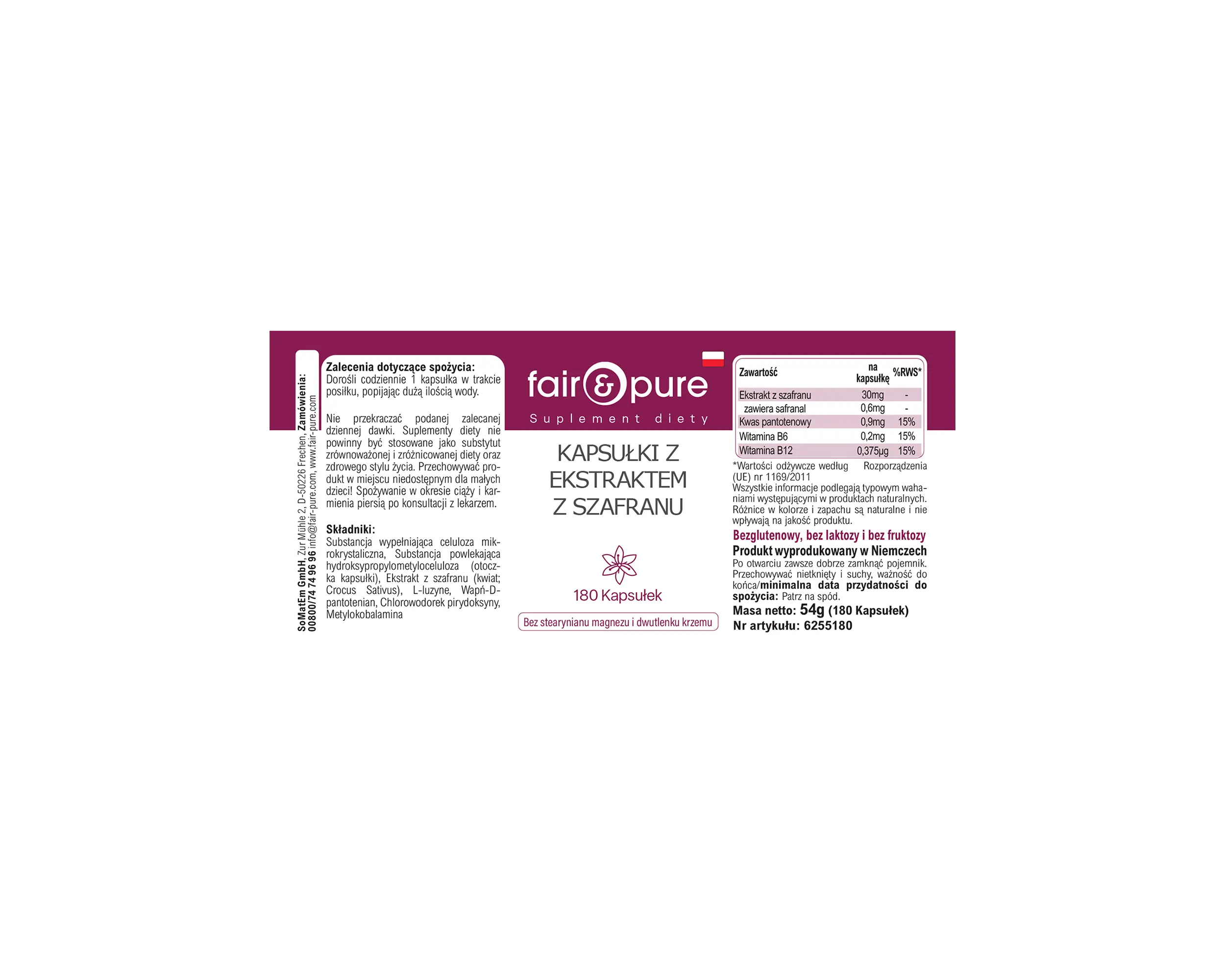 Capsule di estratto di zafferano - 180 capsule - con vitamine B5, B6 e B12 | fair-pure