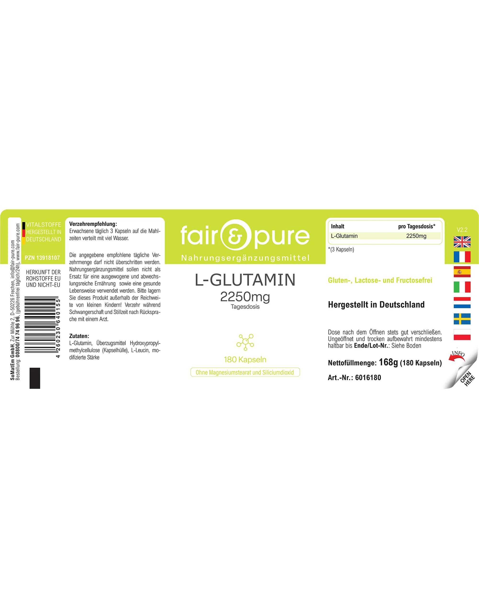 L-Glutamine 2250mg - 180 Capsules | fair-pure