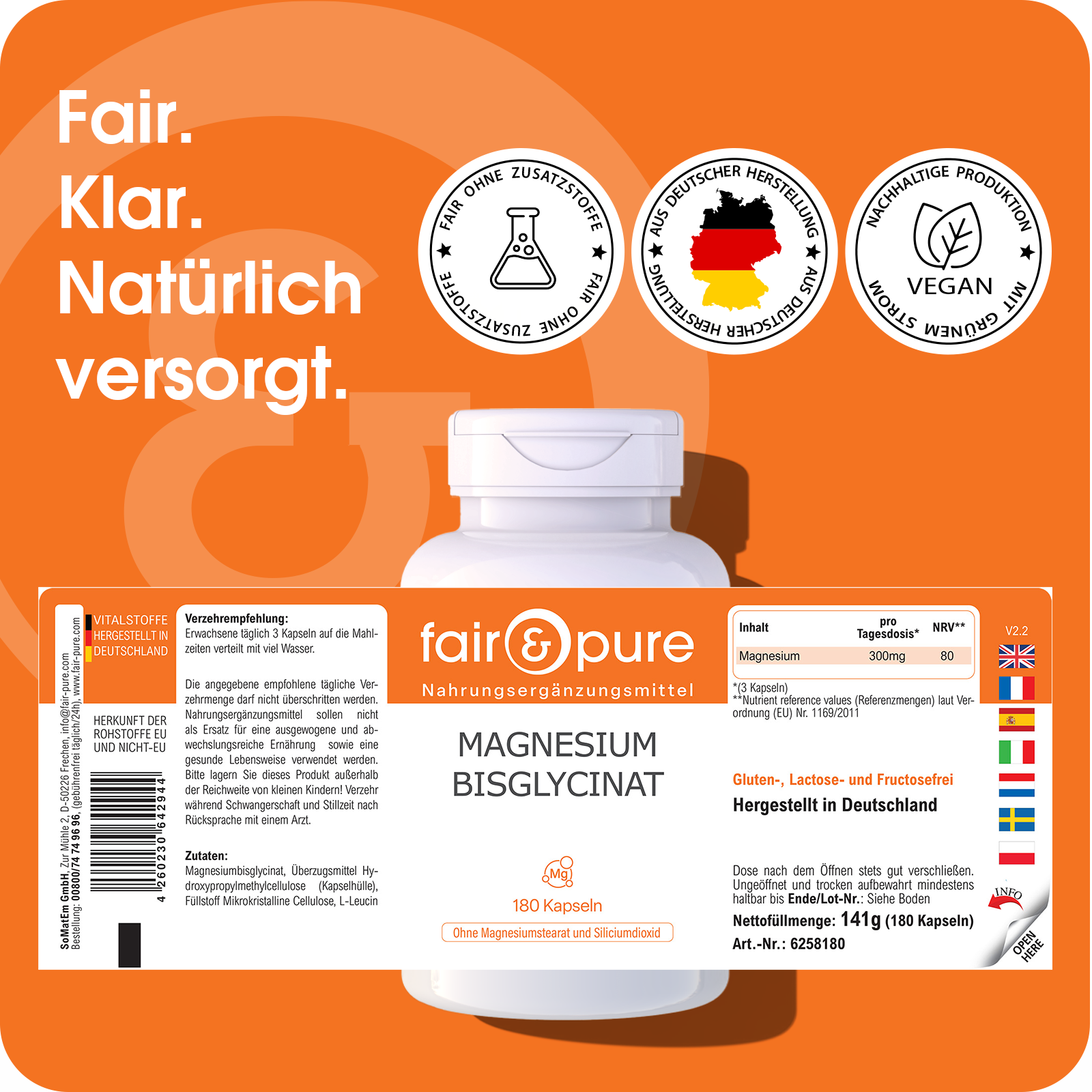 Bisglicinato di magnesio - 180 capsule | fair-pure