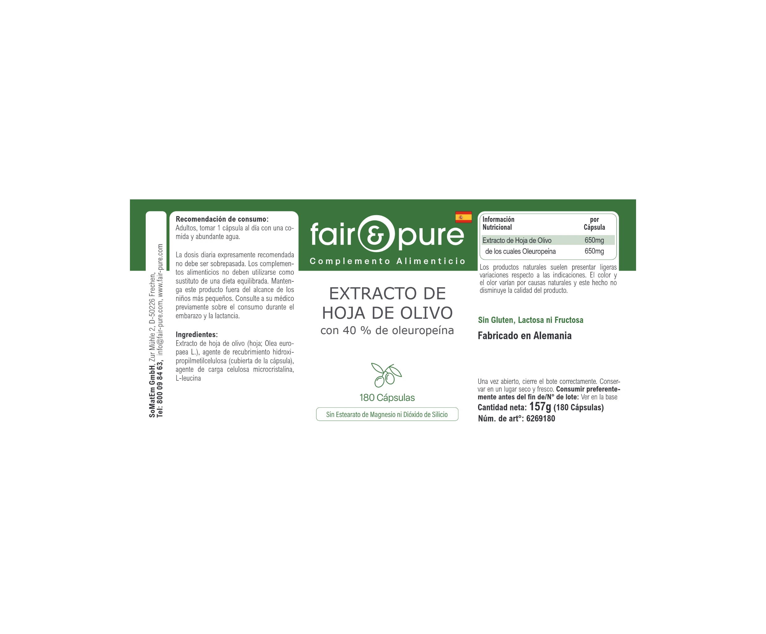 Estratto di foglia d’olivo con 40% di oleuropeina - 180 capsule | fair-pure