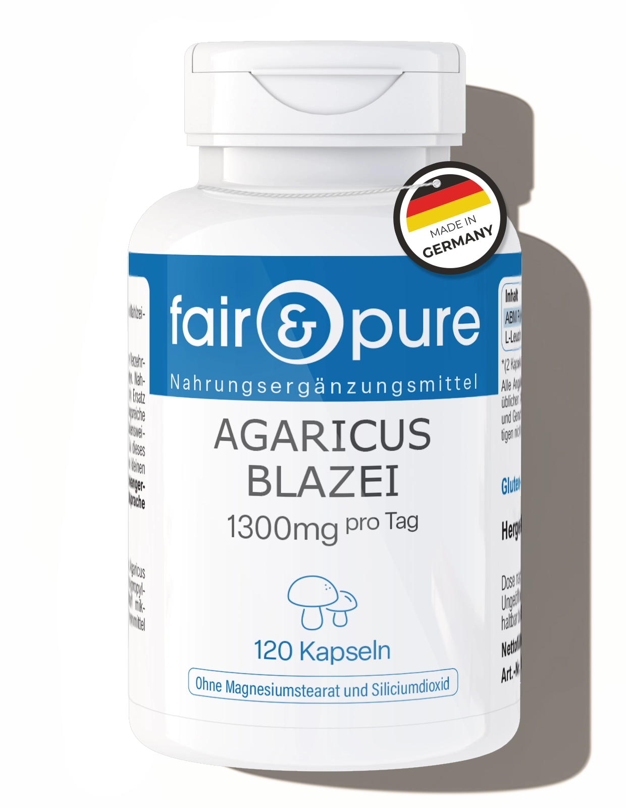 Agaricus Blazei Murill 1300mg al día – 120 cápsulas – vegano y sin aditivos | fair-pure