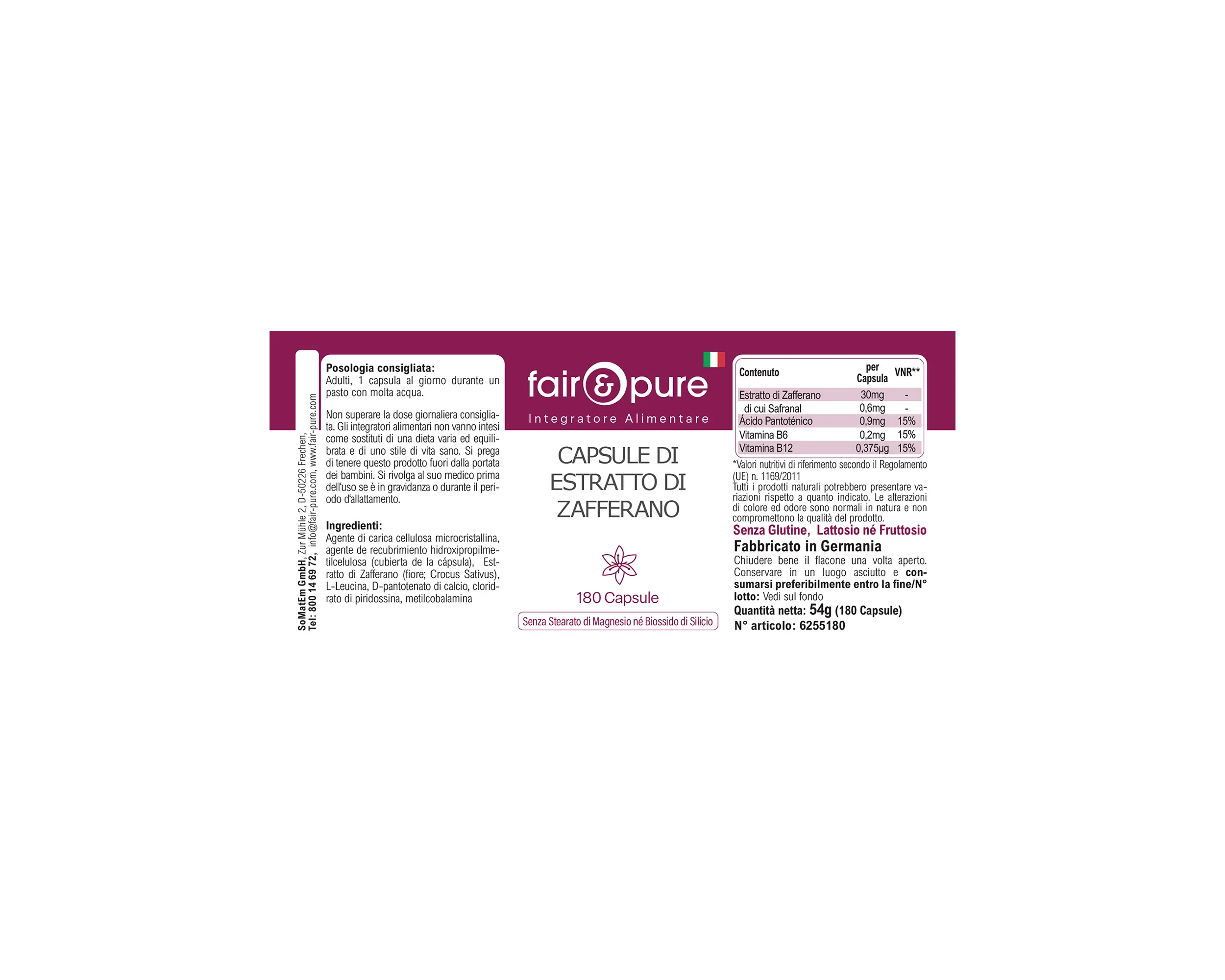 Capsule di estratto di zafferano - 180 capsule - con vitamine B5, B6 e B12 | fair-pure