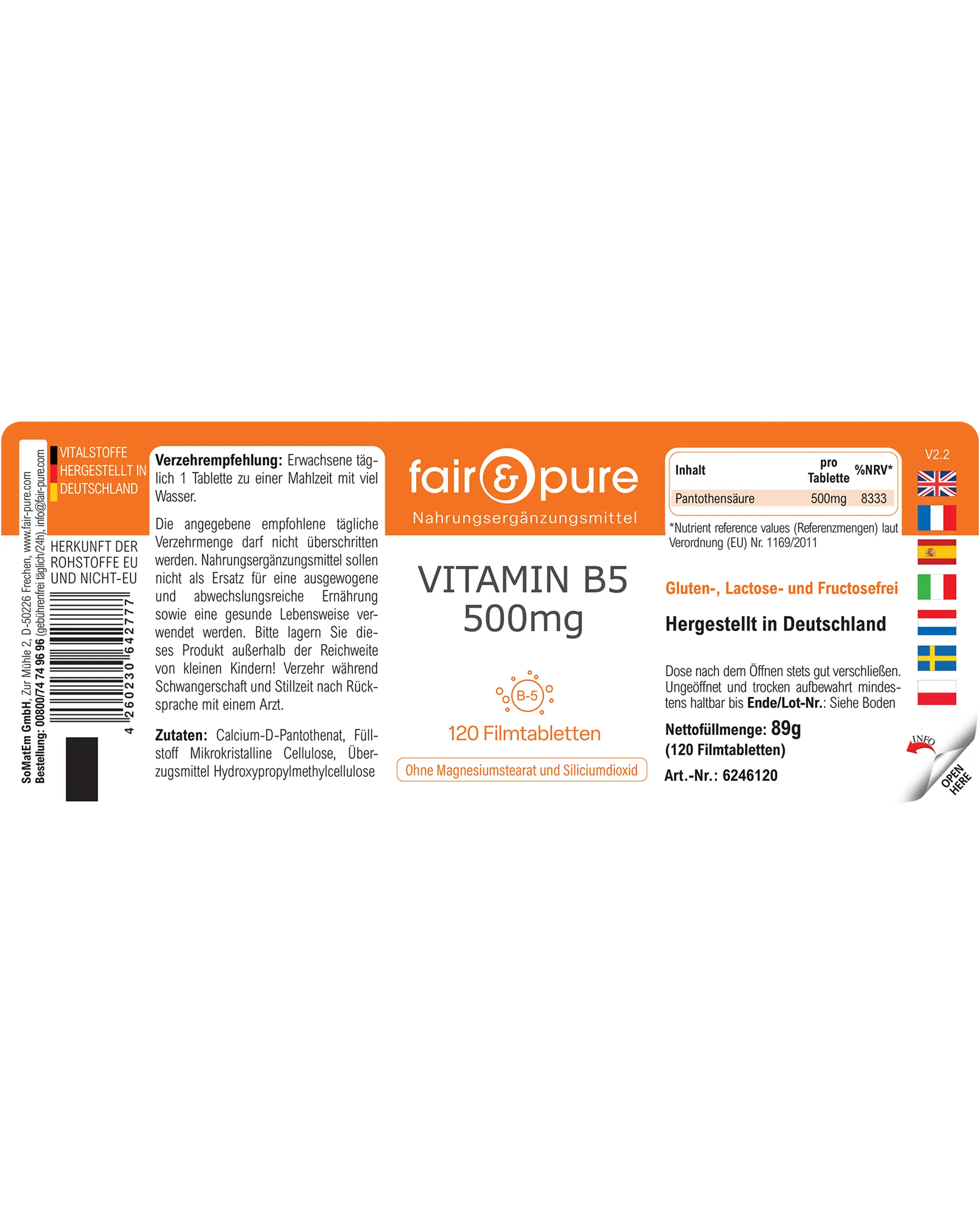Vitamin B5 500mg - 120 Filmtabletten - schluckfreundlich | fair-pure
