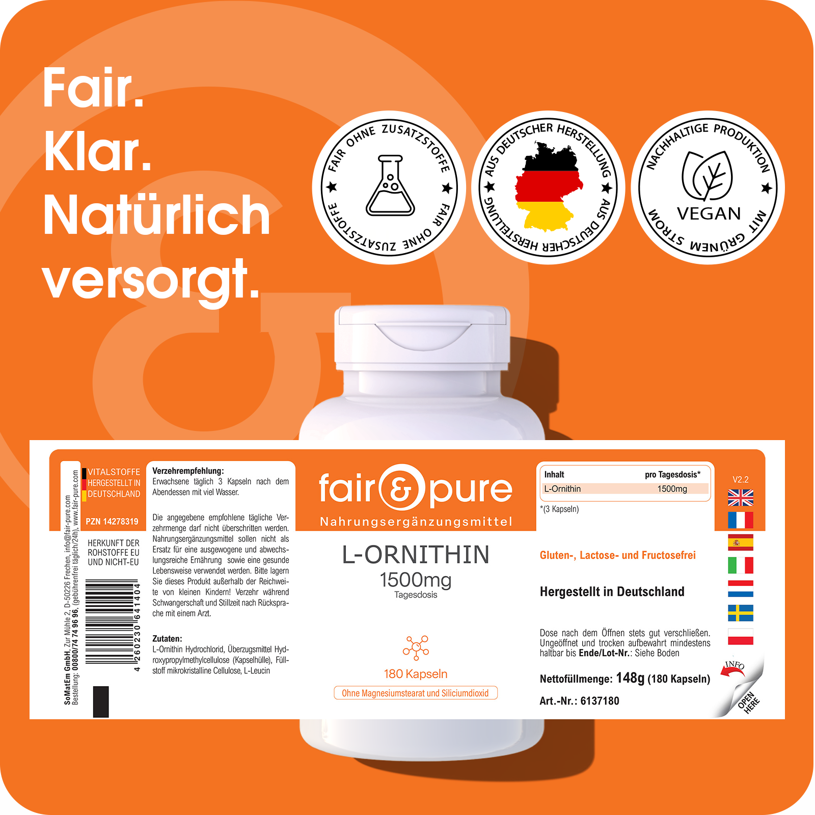 L-ornitina 1500 mg - 180 capsule | fair-pure
