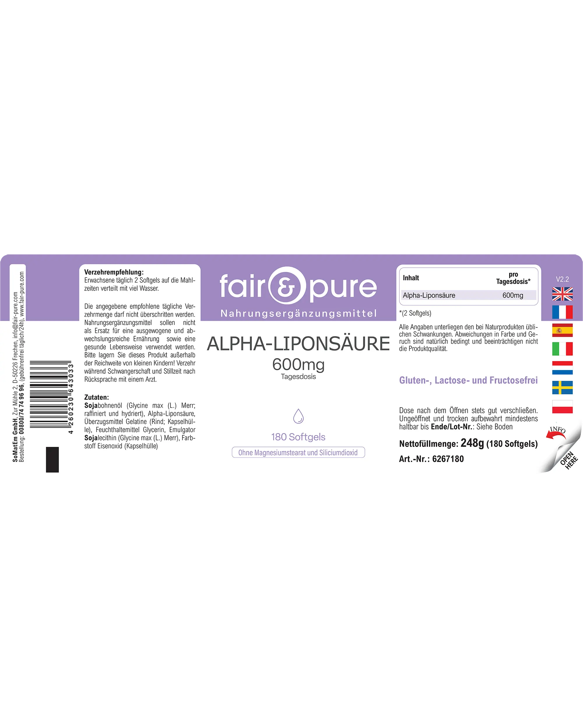 Alpha-Liponsäure 600mg - 180 Softgels | fair-pure