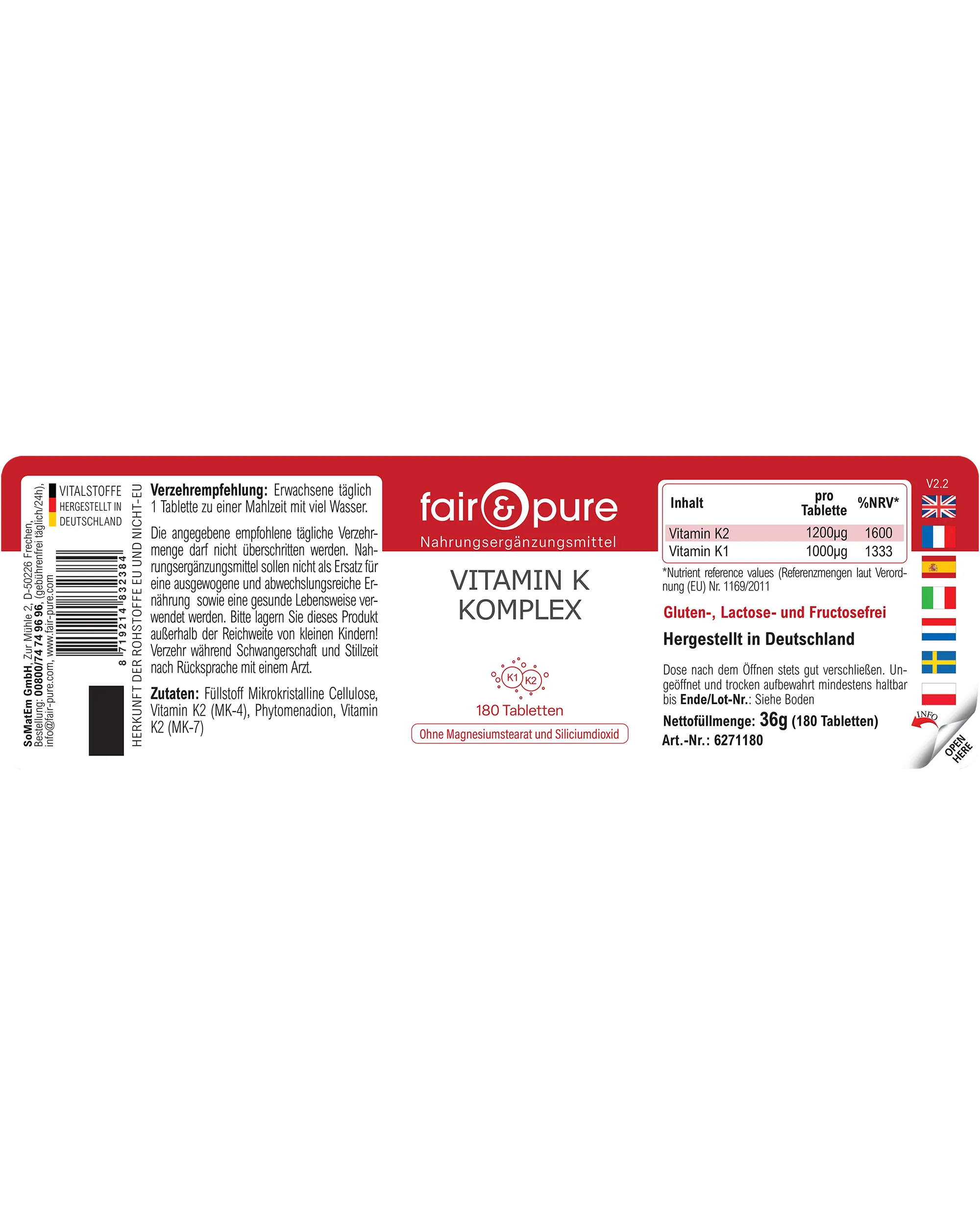 Complesso di Vitamina K - 180 Compresse | fair-pure