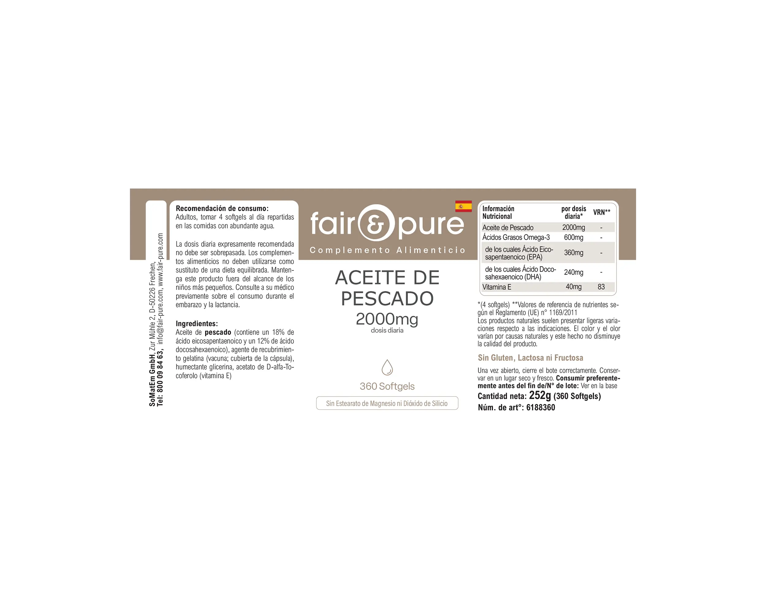 Olio di pesce 2000 mg - 360 softgel - con vitamina E | fair-pure