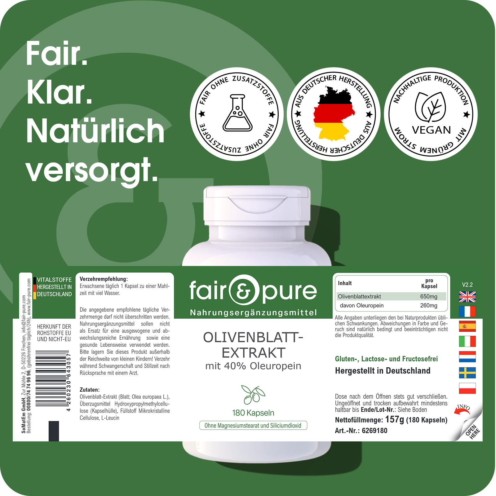 Estratto di foglia d’olivo con 40% di oleuropeina - 180 capsule | fair-pure