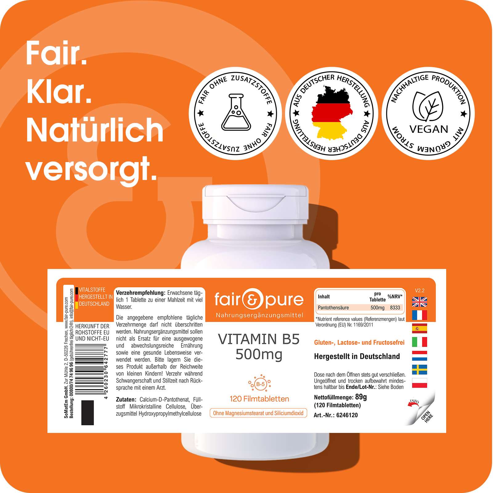 Vitamin B5 500mg - 120 Filmtabletten - schluckfreundlich | fair-pure