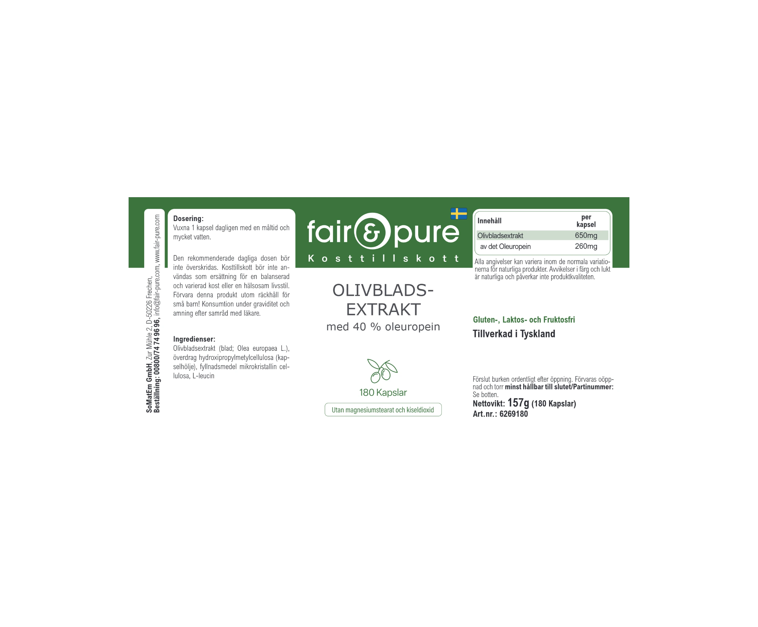Estratto di foglia d’olivo con 40% di oleuropeina - 180 capsule | fair-pure