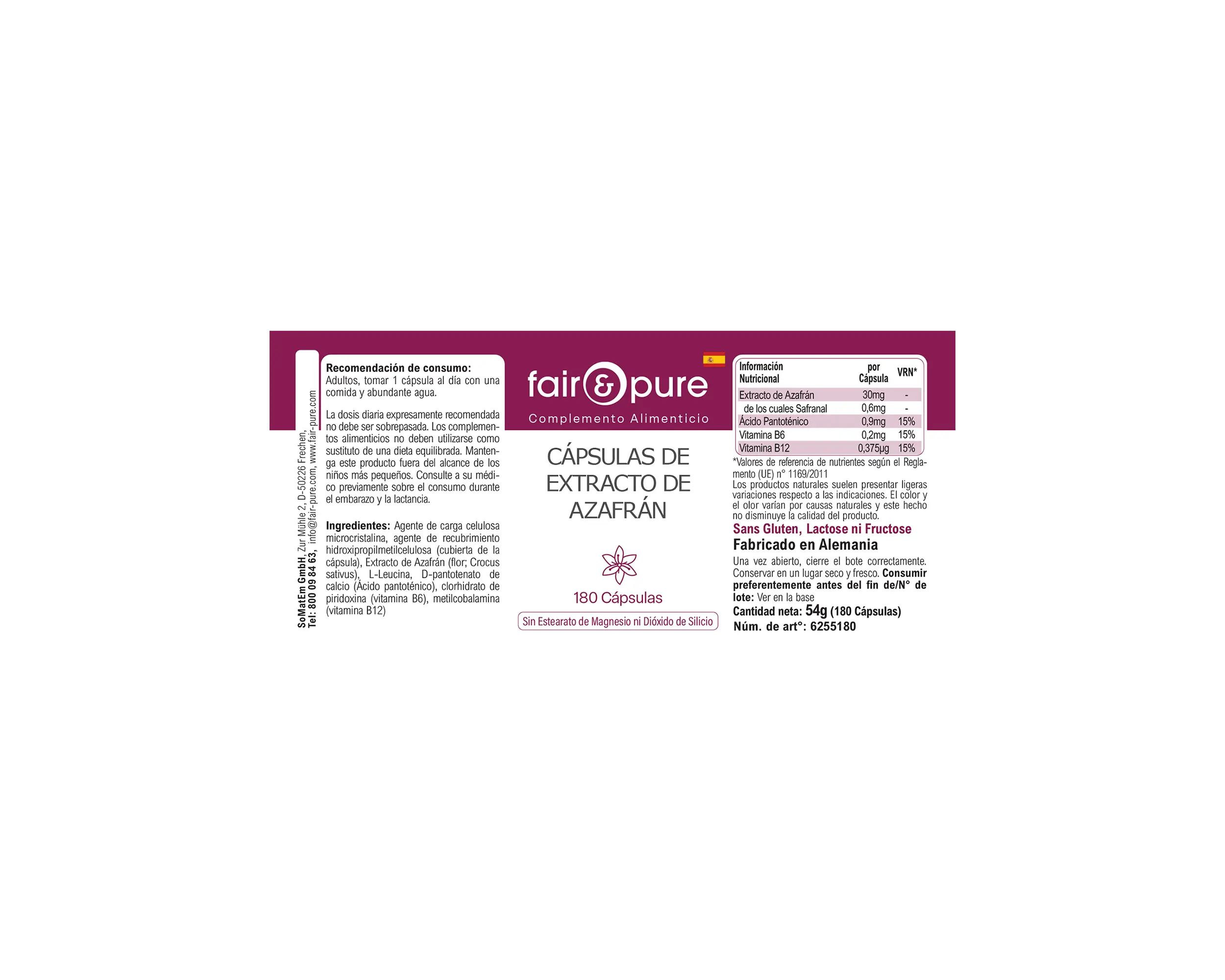 Capsule di estratto di zafferano - 180 capsule - con vitamine B5, B6 e B12 | fair-pure