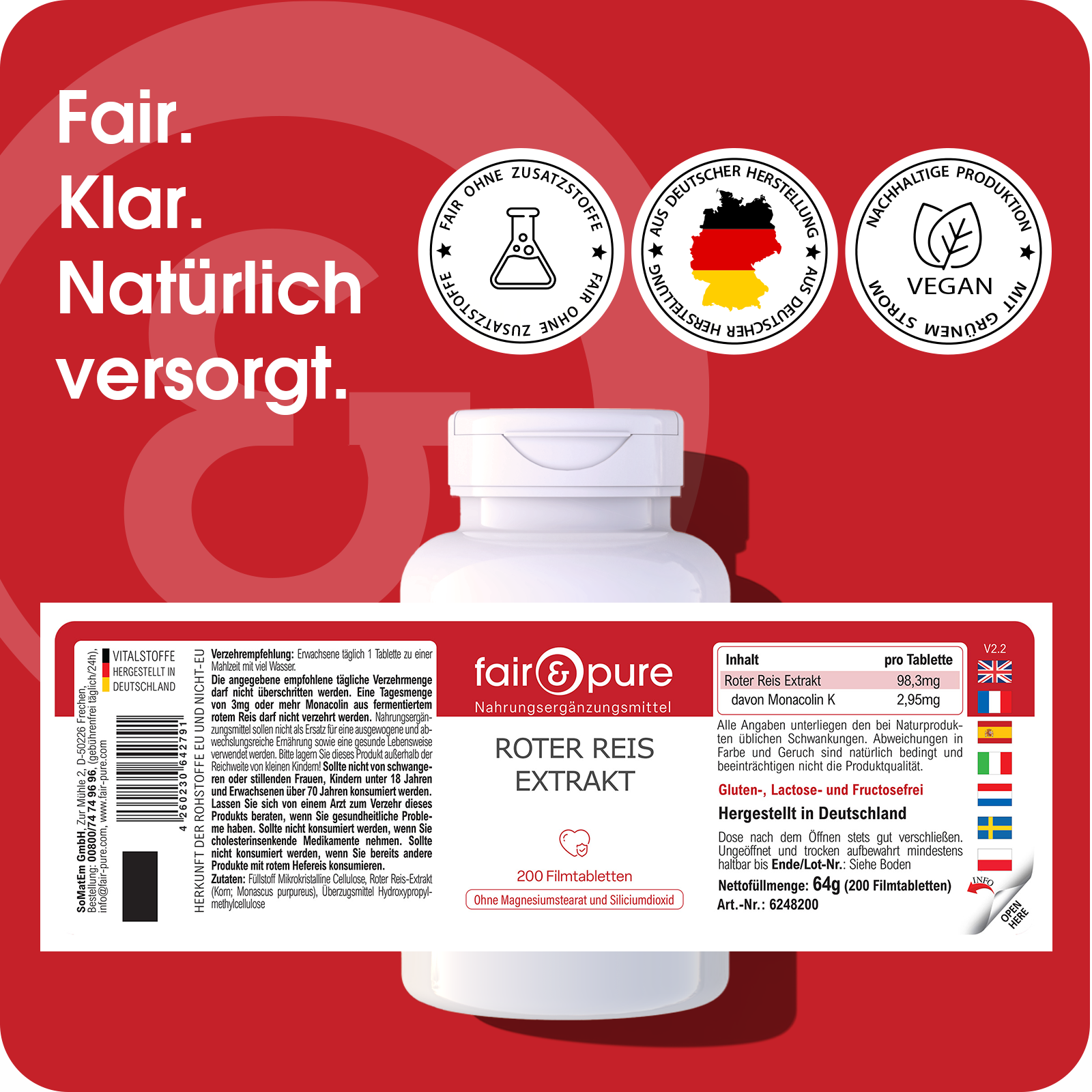 Roter Reis Extrakt - 200 Filmtabletten - schluckfreundlich | fair-pure