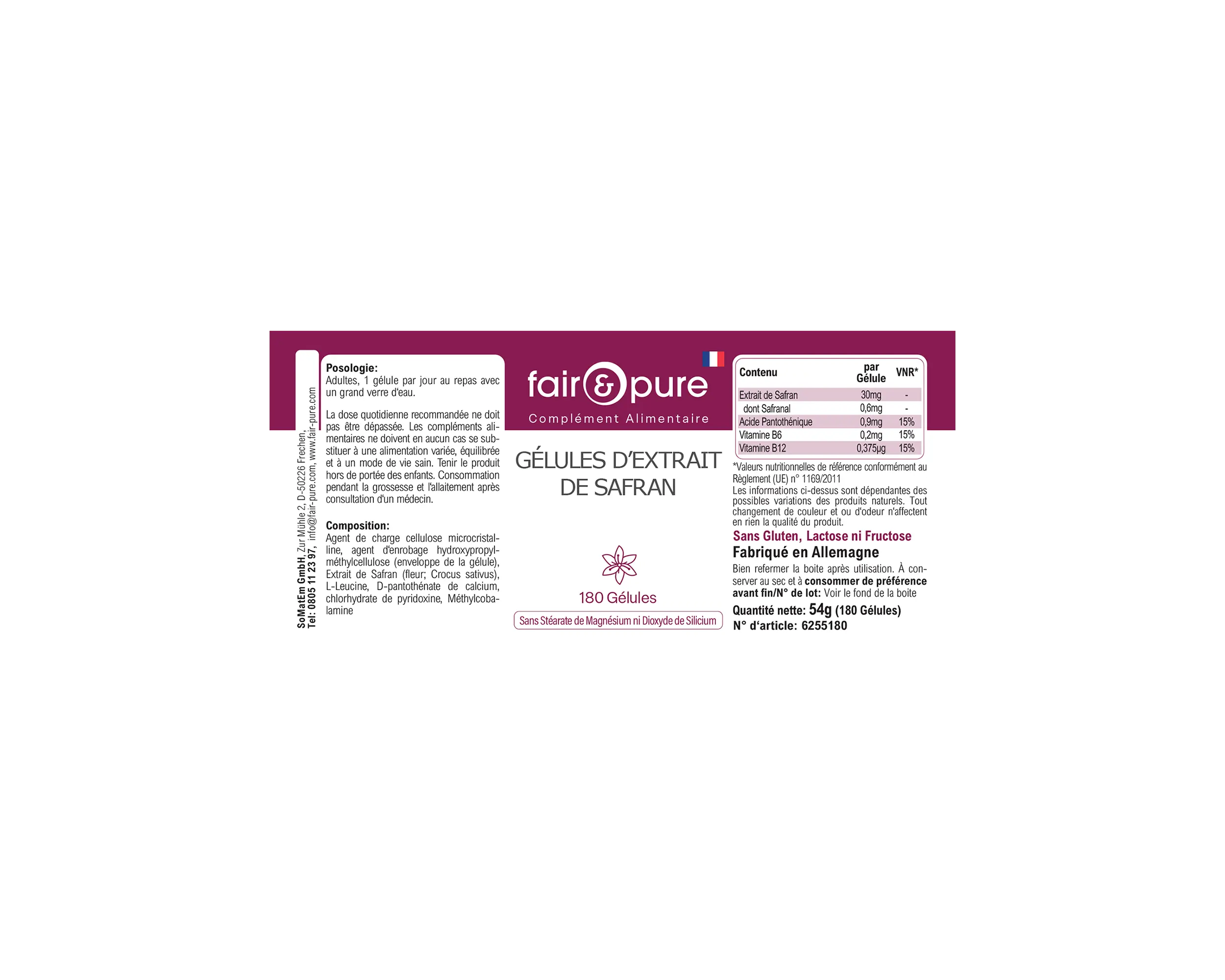 Capsule di estratto di zafferano - 180 capsule - con vitamine B5, B6 e B12 | fair-pure