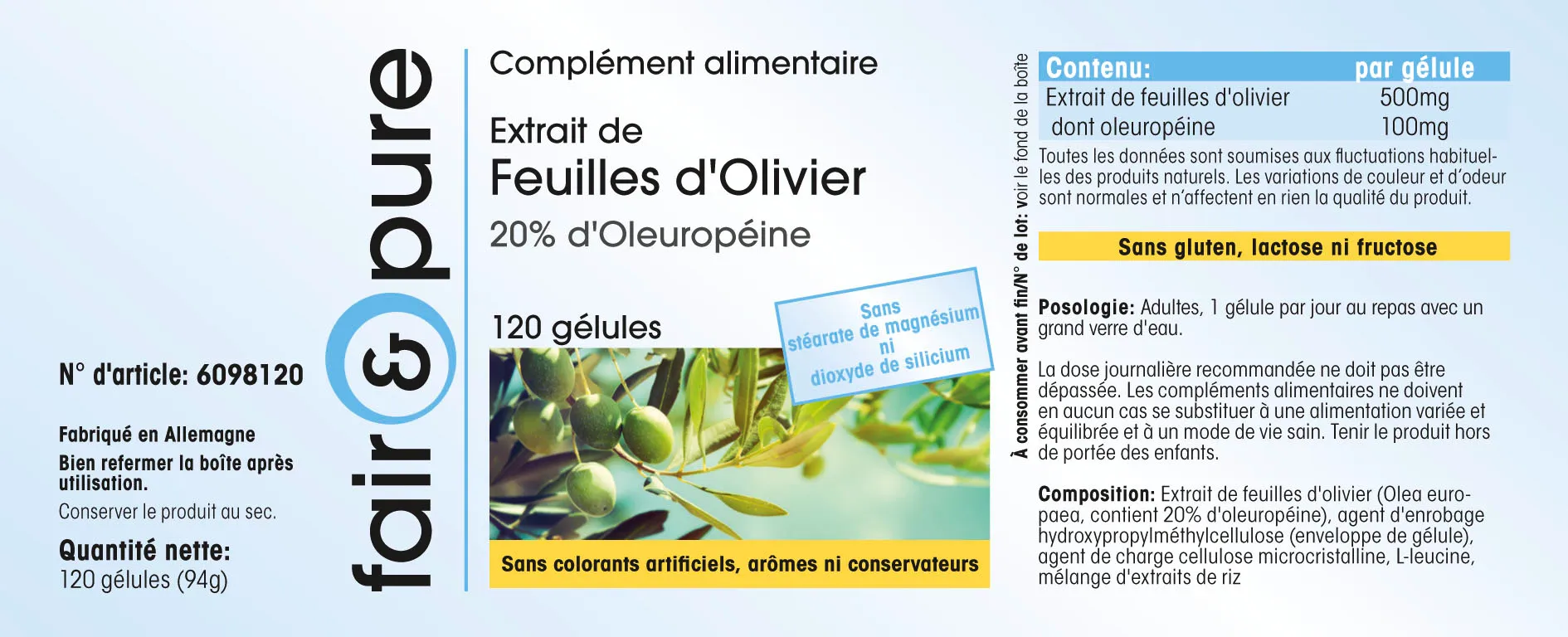 Extrait de feuille d'olivier 500mg